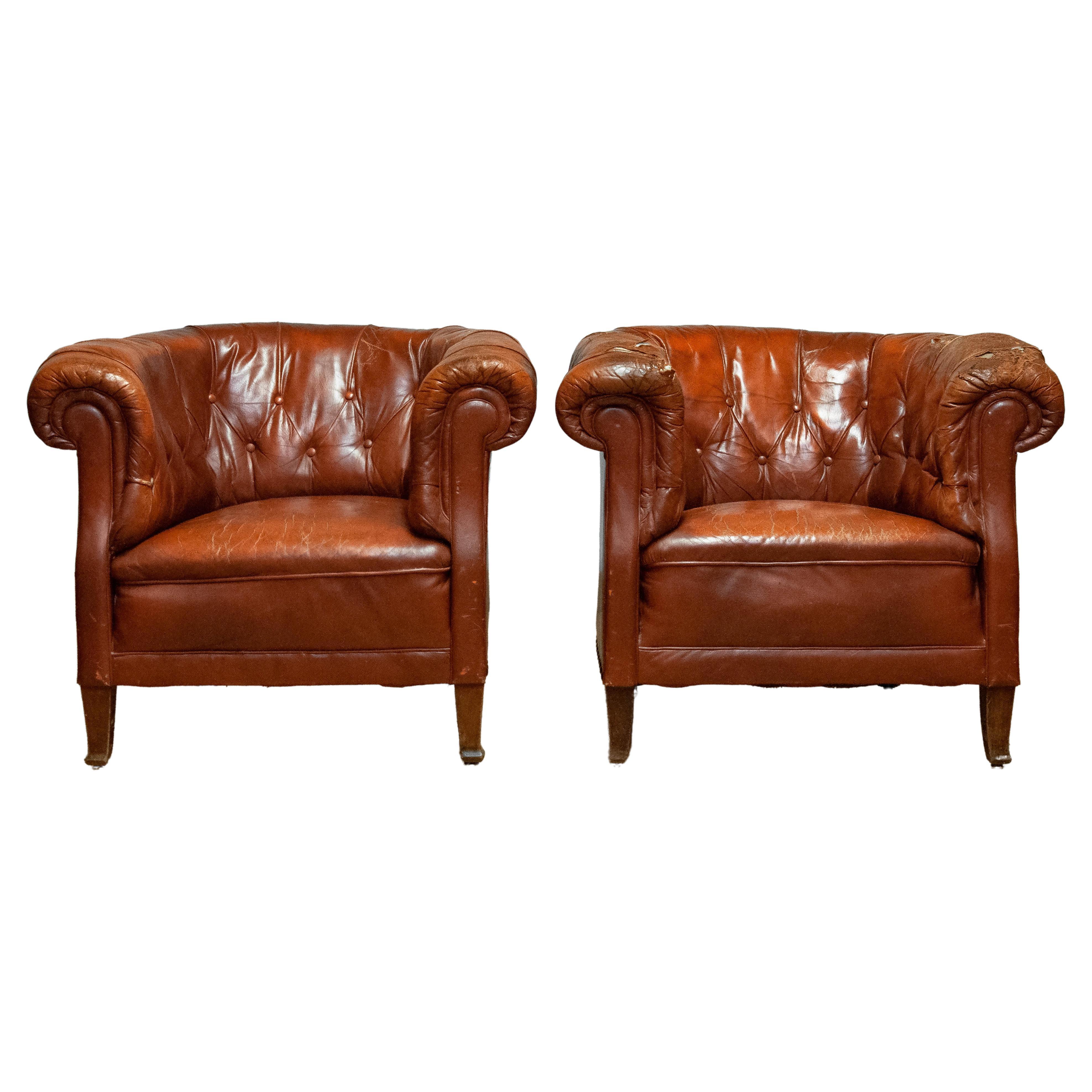 Handsome Solid Oak and Tufted Leather Club Chairs at 1stDibs