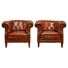 Pair 1940s Swedish Tufted Club Chair 'Chesterfield Model' Tan Brown Worn Leather