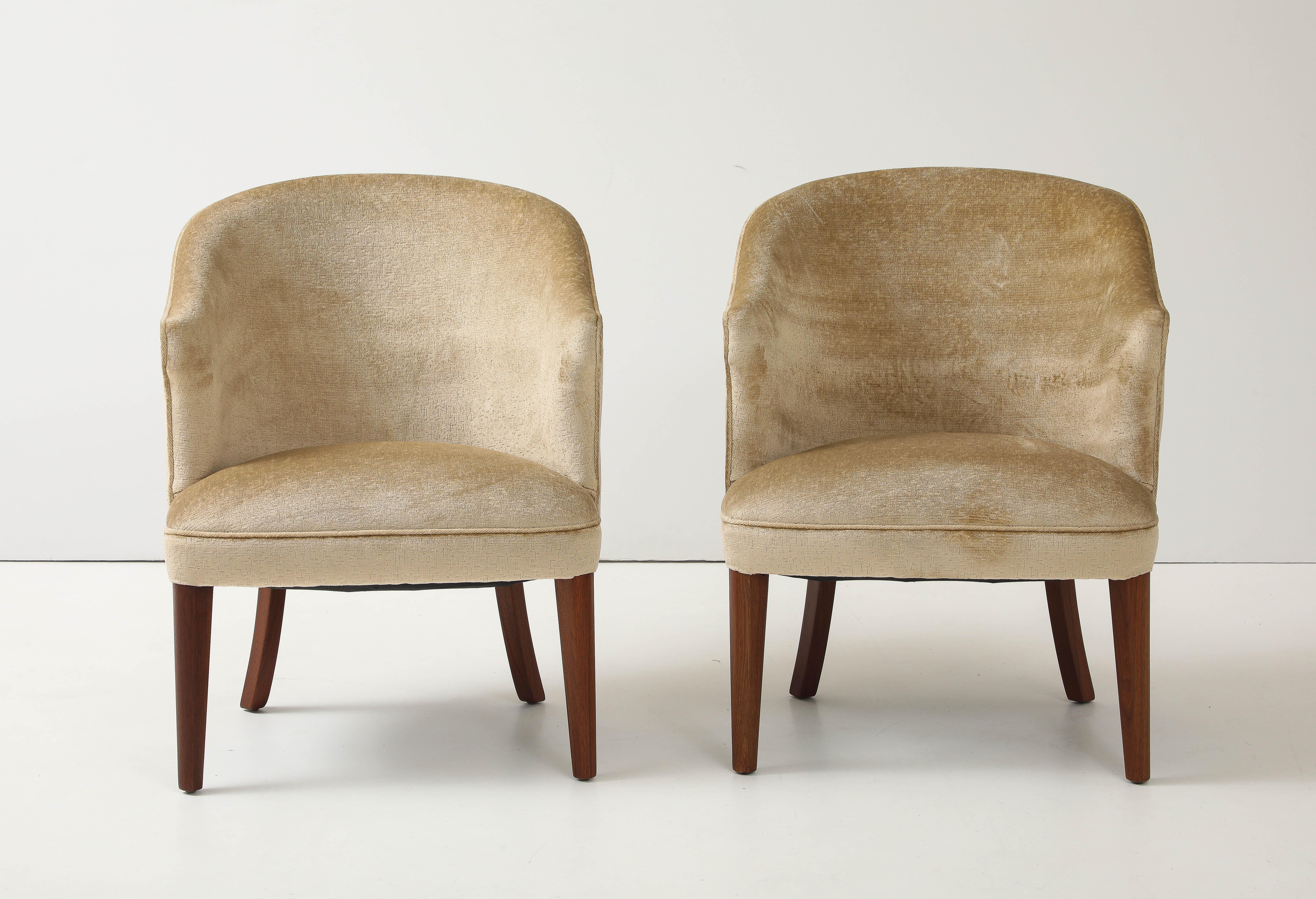 Beautiful pair of 1948 Swedish solid walnut legs newly re-upholstered in chenille fabric, fully restored and re-upholstered with minor wear and patina due to age and use. 
