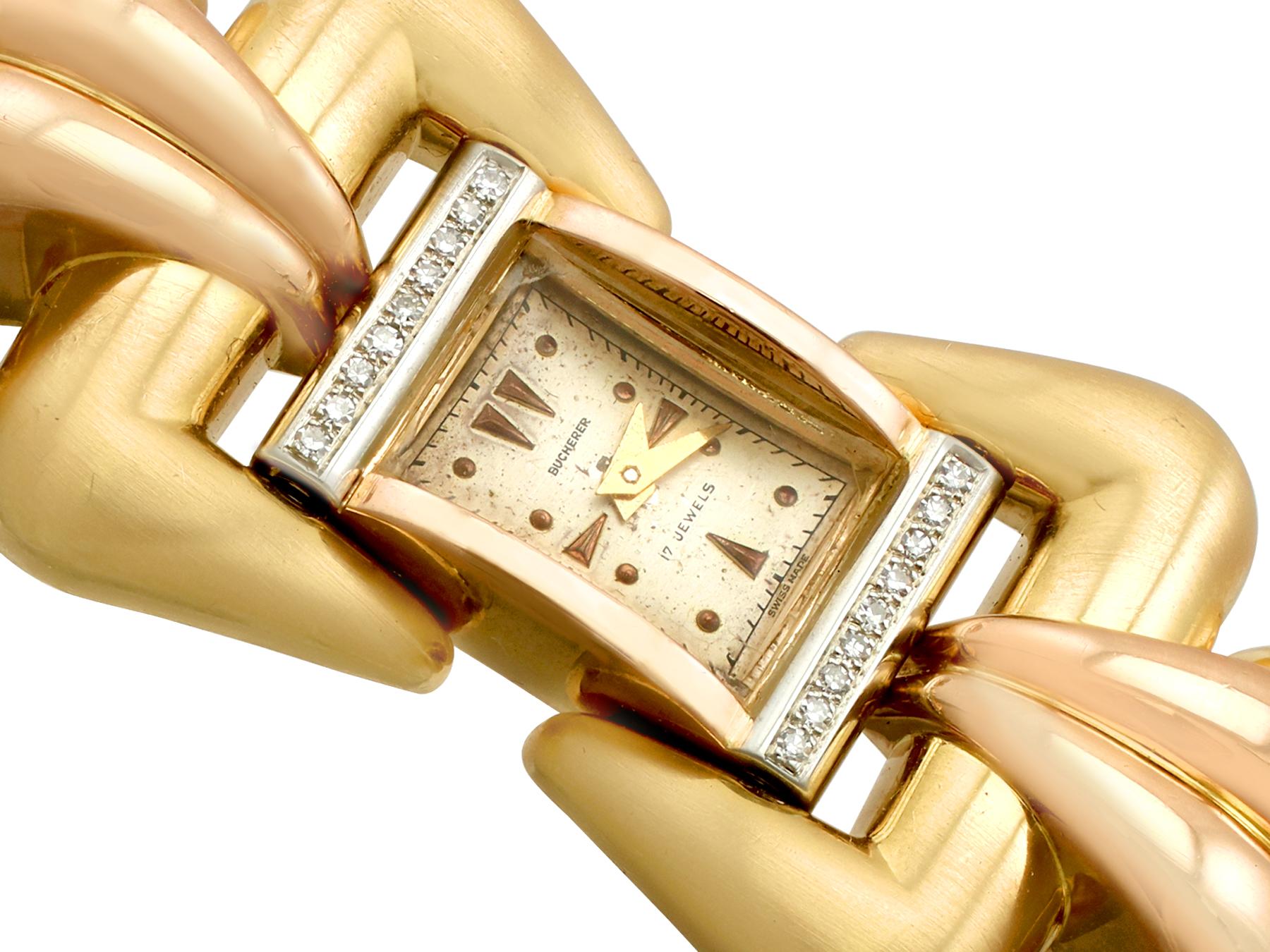 Montre suisse des années 1940 en or jaune, rose et blanc avec diamants pour femmes Excellent état - En vente à Jesmond, Newcastle Upon Tyne
