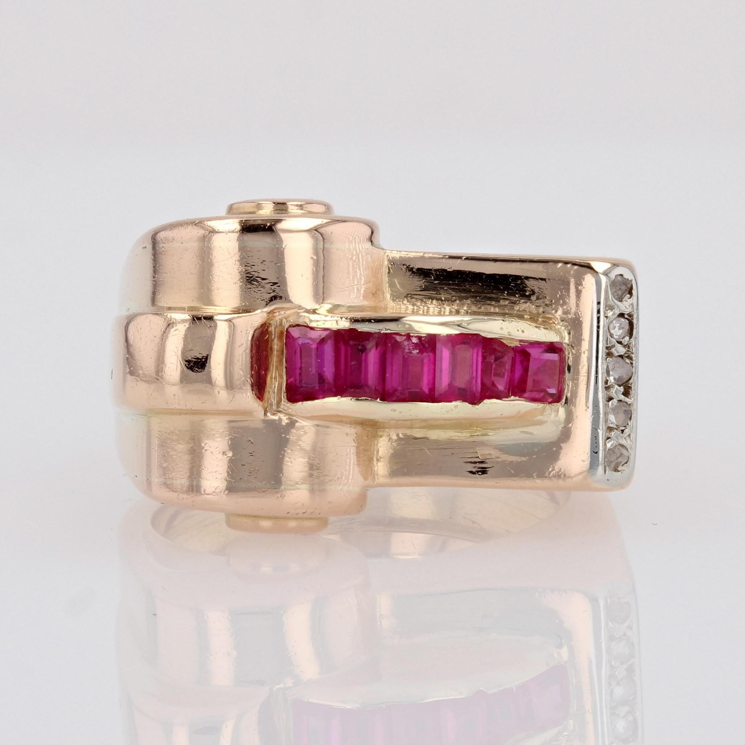 1940s Synthetic Rubies Diamonds 18 Karat Rose Gold Asymmetrical Tank Ring For Sale 4