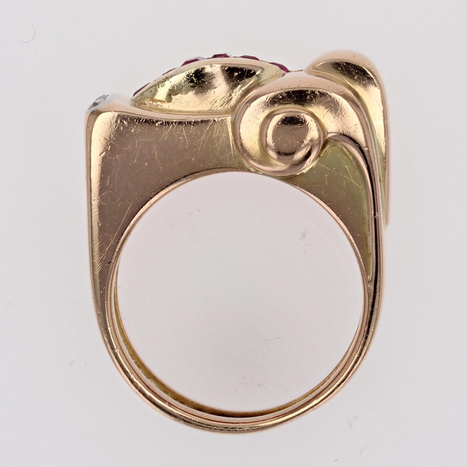 1940s Synthetic Rubies Diamonds 18 Karat Rose Gold Asymmetrical Tank Ring For Sale 6