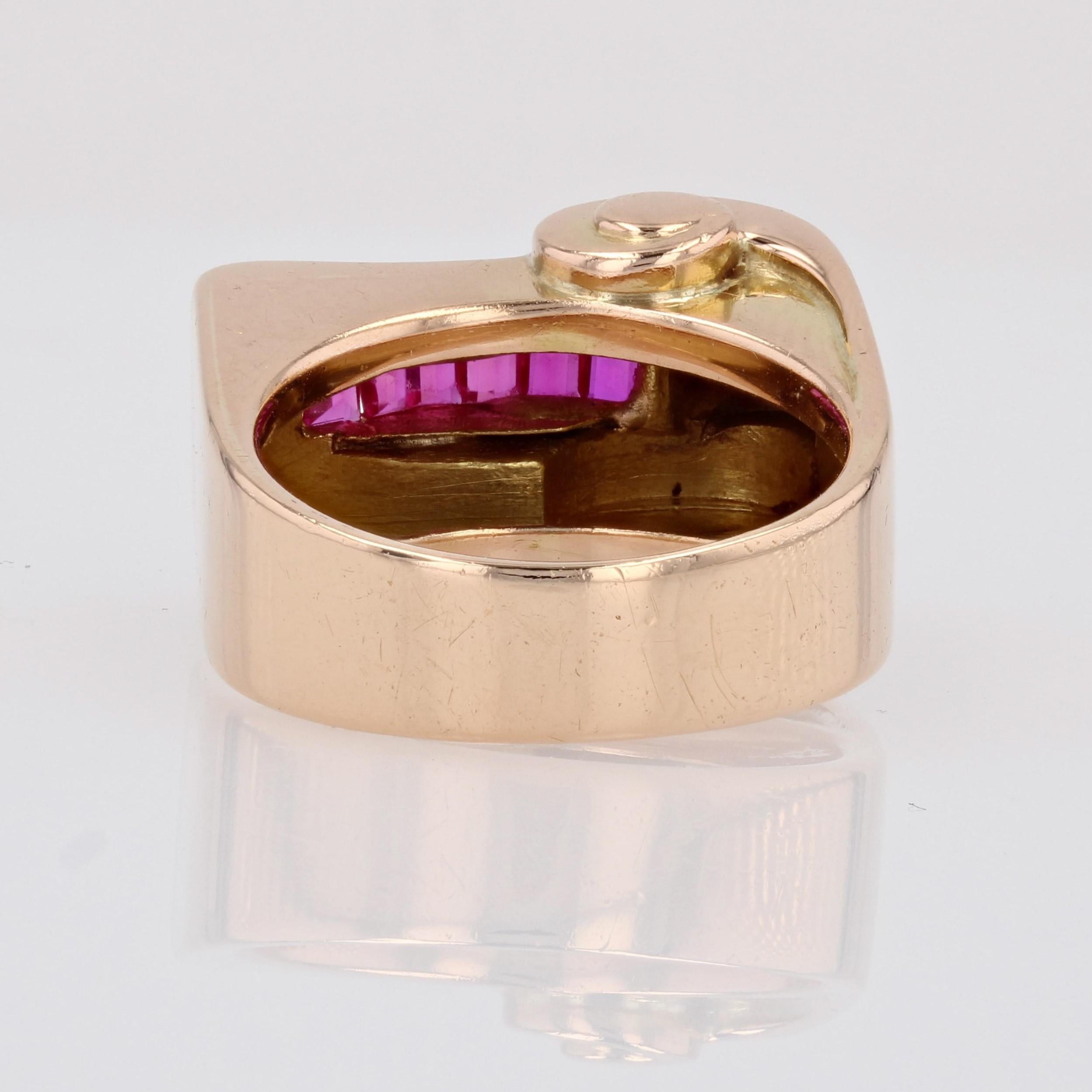 1940s Synthetic Rubies Diamonds 18 Karat Rose Gold Asymmetrical Tank Ring For Sale 7
