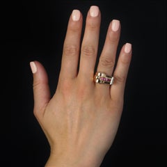 1940s Synthetic Rubies Diamonds 18 Karat Rose Gold Asymmetrical Tank Ring