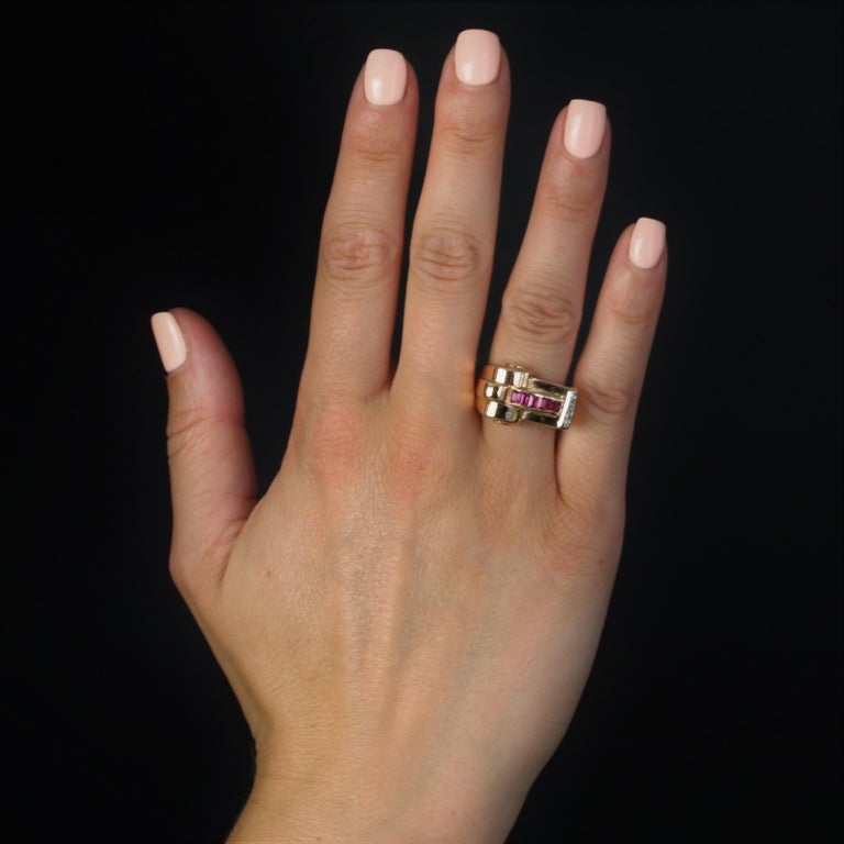 Bague Chevalière Art Déco En Or 18k - Rubis Synthétiques Et Diamants - Taille 54