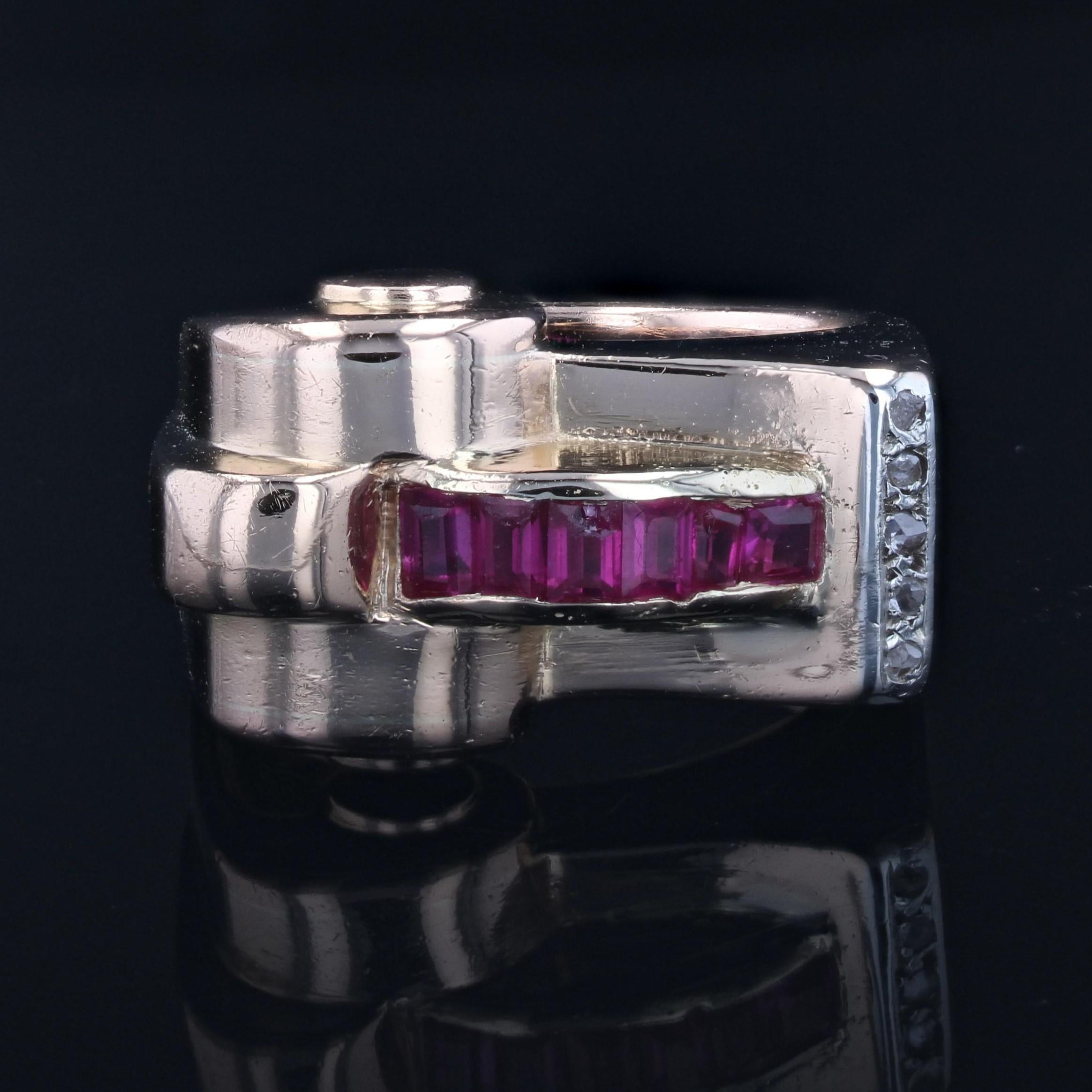 Retro 1940s Synthetic Rubies Diamonds 18 Karat Rose Gold Asymmetrical Tank Ring For Sale
