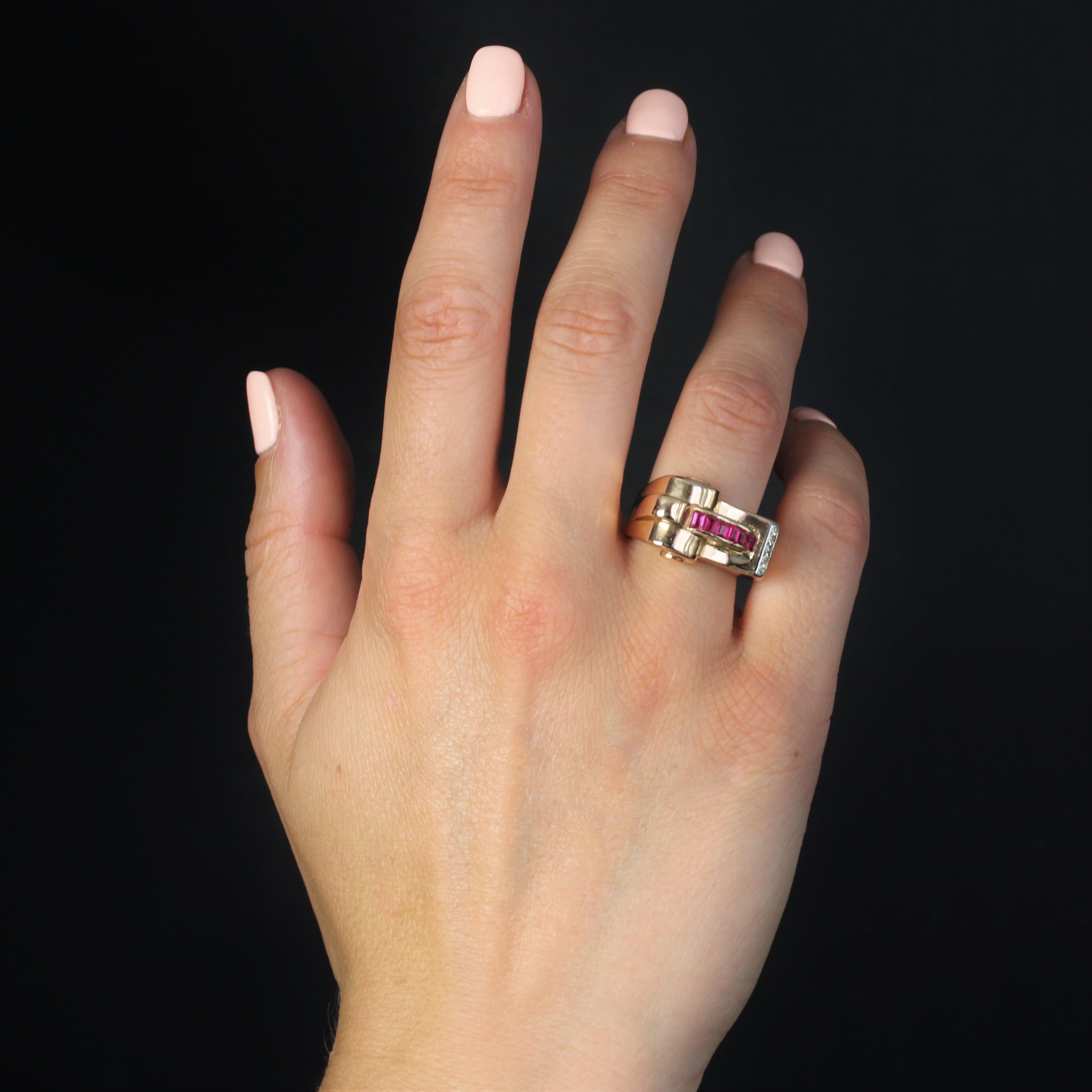 Rose Cut 1940s Synthetic Rubies Diamonds 18 Karat Rose Gold Asymmetrical Tank Ring For Sale