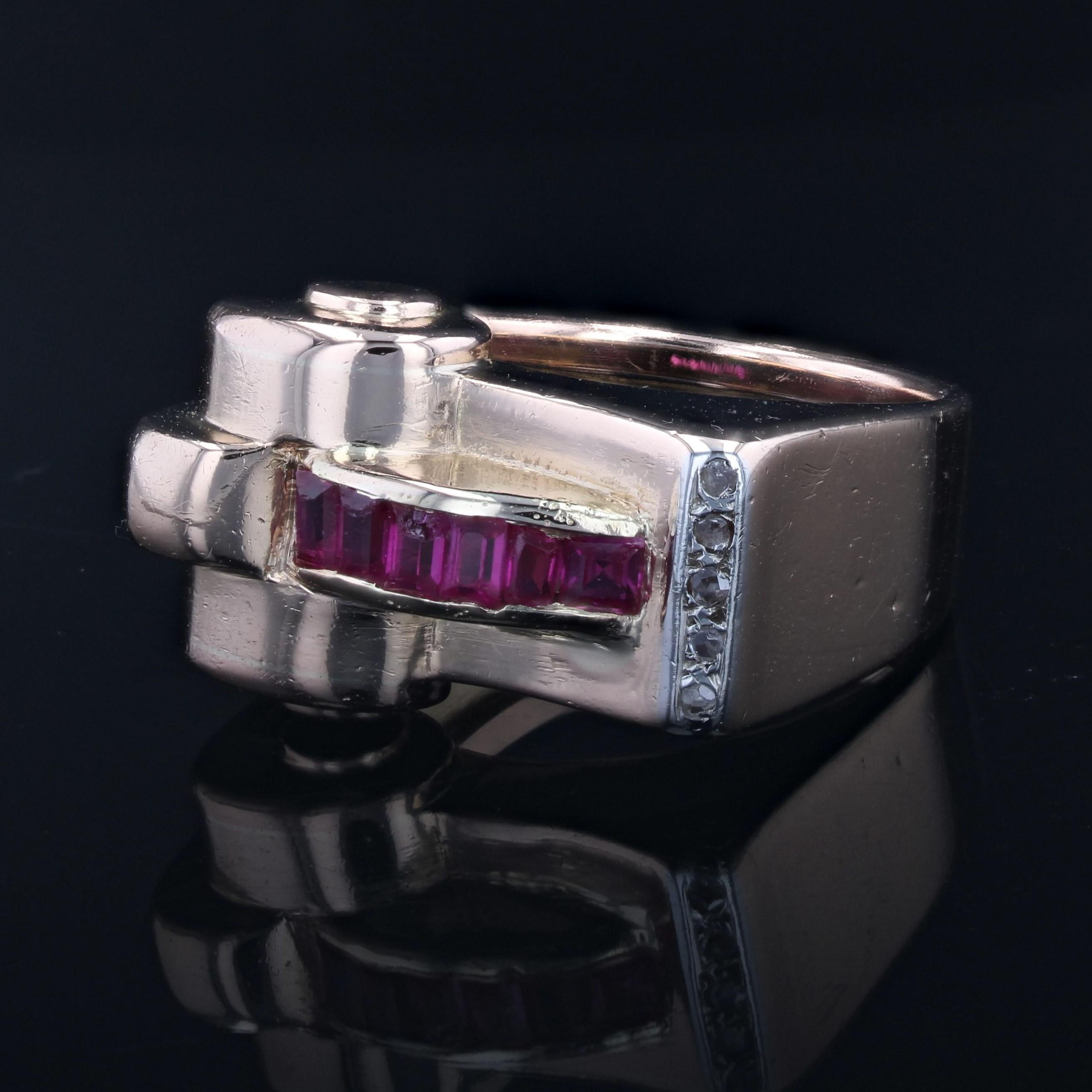1940s Synthetic Rubies Diamonds 18 Karat Rose Gold Asymmetrical Tank Ring In Good Condition For Sale In Poitiers, FR