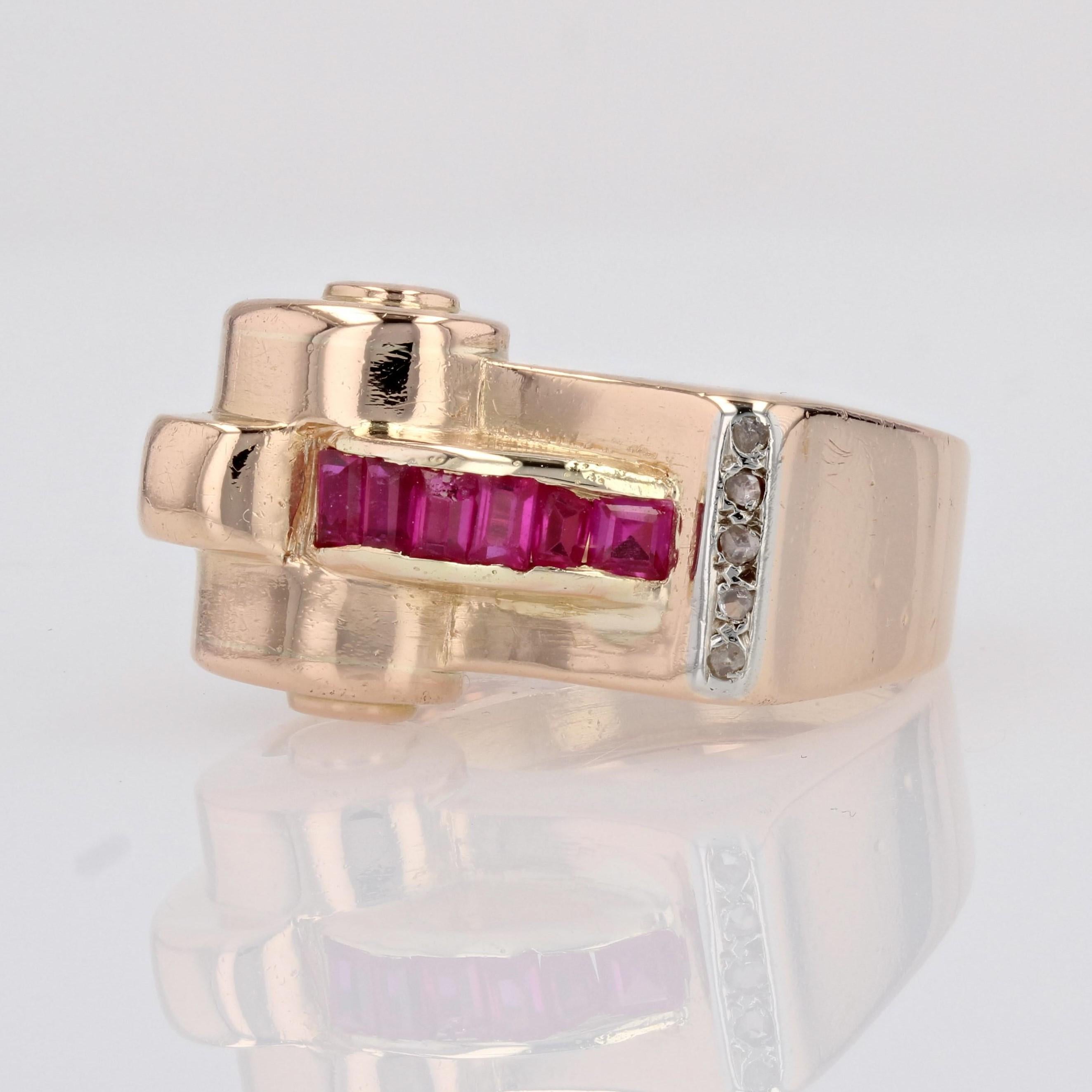 Women's 1940s Synthetic Rubies Diamonds 18 Karat Rose Gold Asymmetrical Tank Ring For Sale