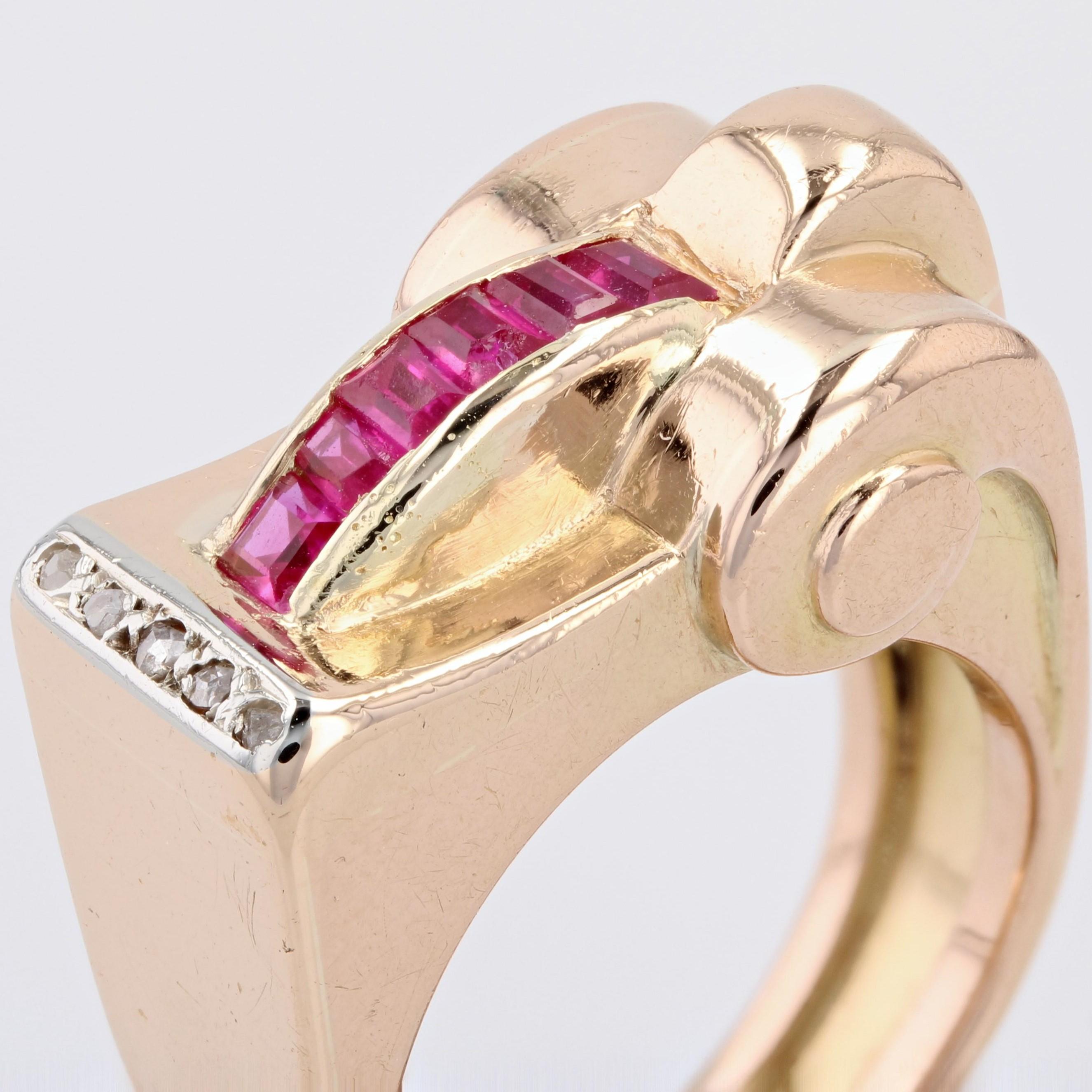 1940s Synthetic Rubies Diamonds 18 Karat Rose Gold Asymmetrical Tank Ring For Sale 1