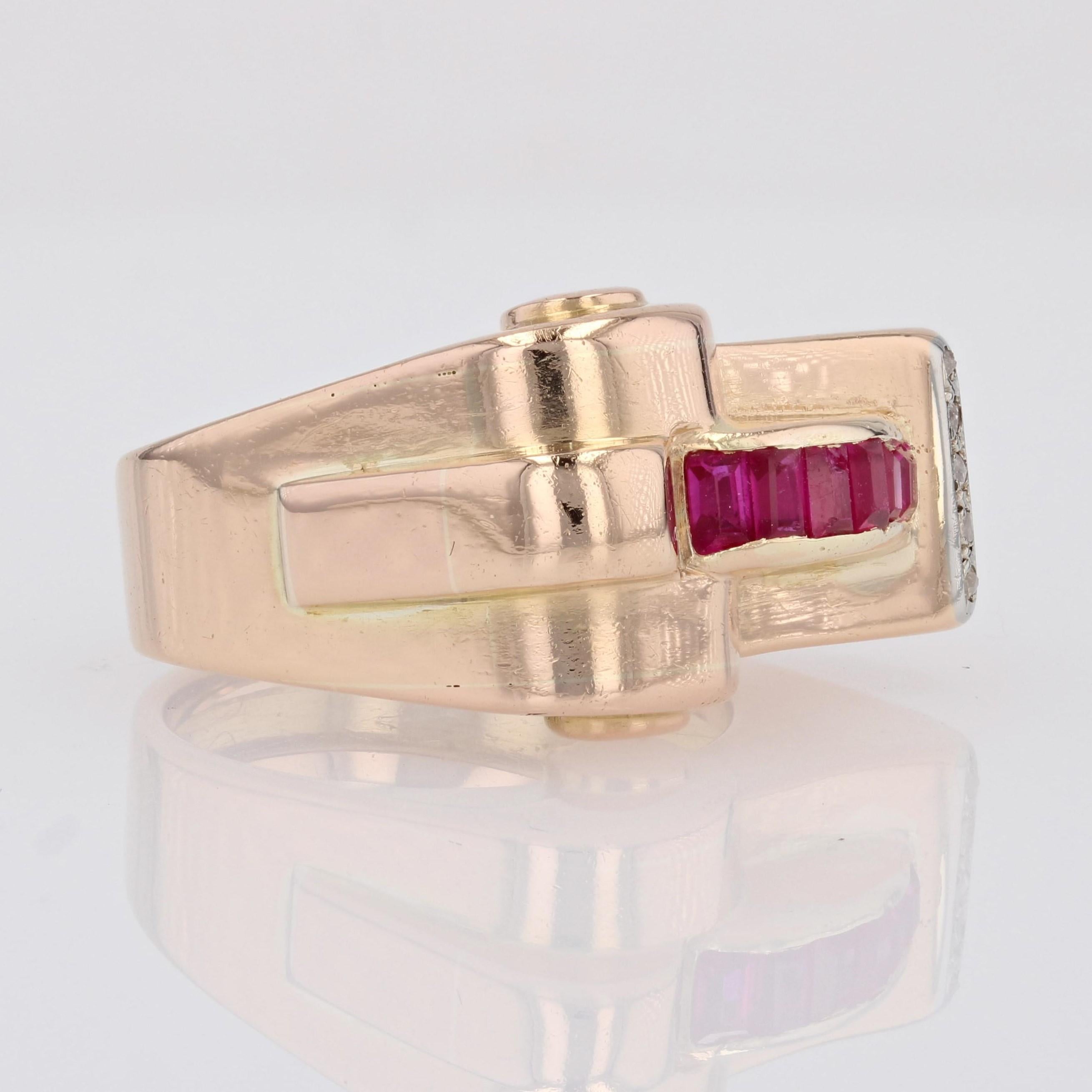 1940s Synthetic Rubies Diamonds 18 Karat Rose Gold Asymmetrical Tank Ring For Sale 2