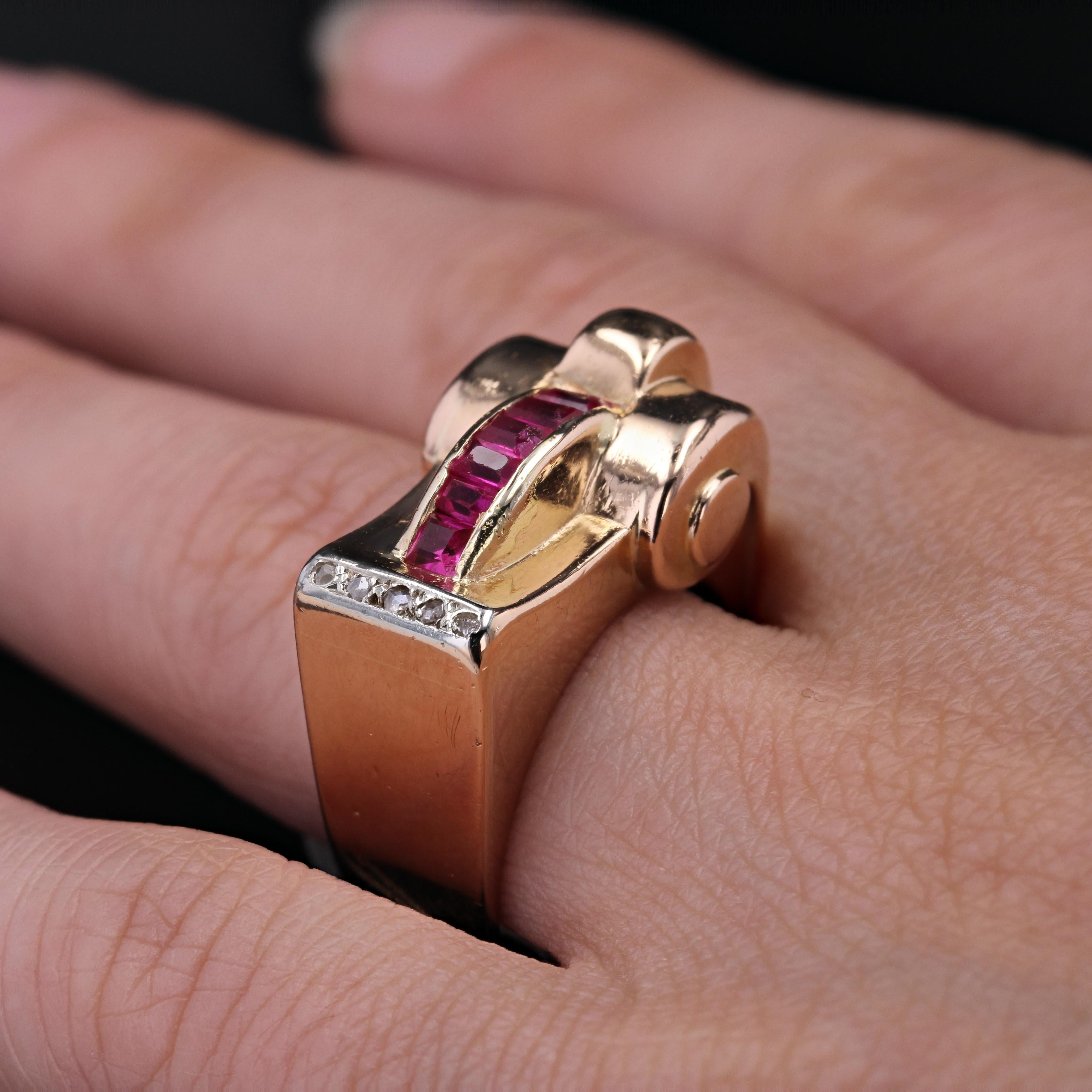 1940s Synthetic Rubies Diamonds 18 Karat Rose Gold Asymmetrical Tank Ring For Sale 3