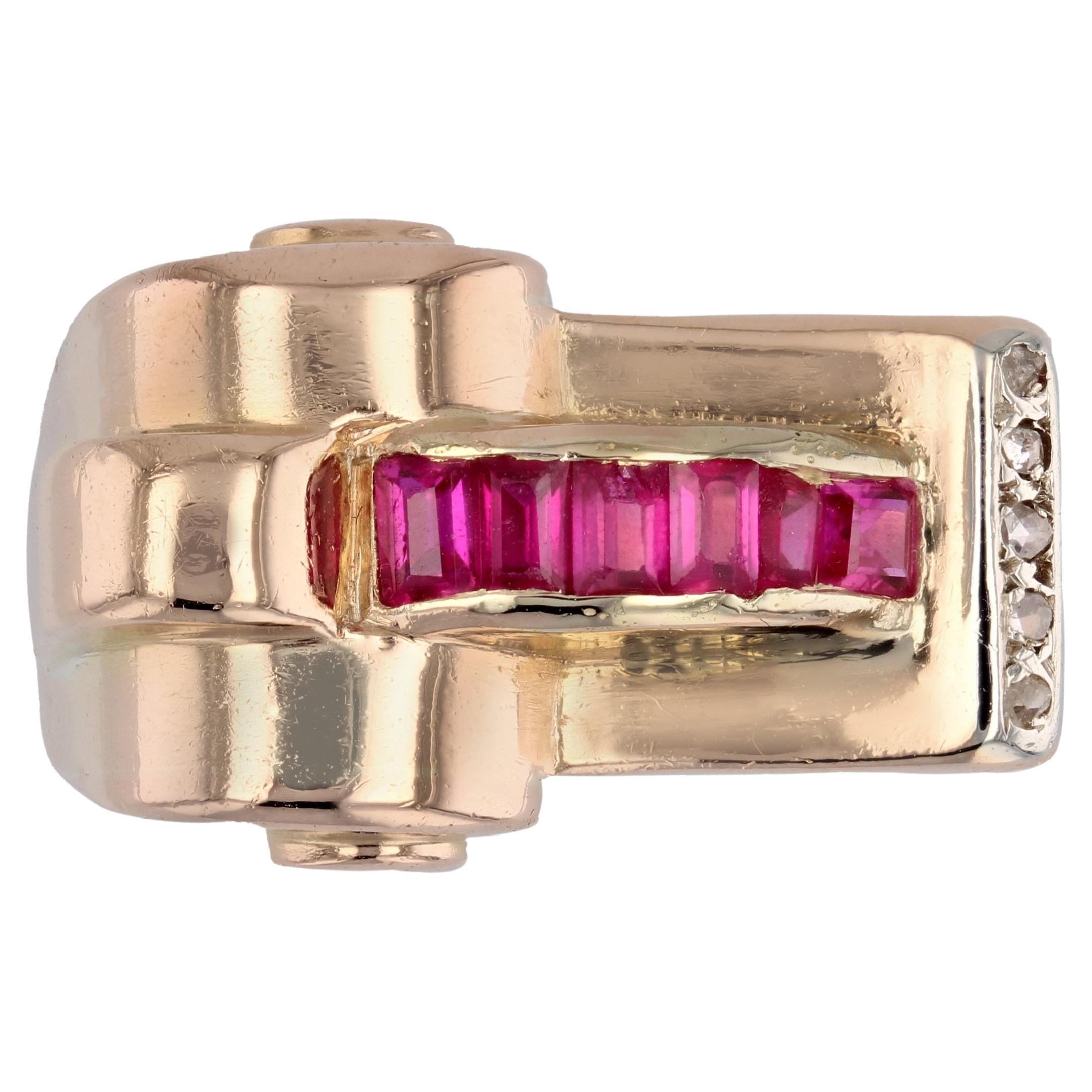 1940s Synthetic Rubies Diamonds 18 Karat Rose Gold Asymmetrical Tank Ring For Sale