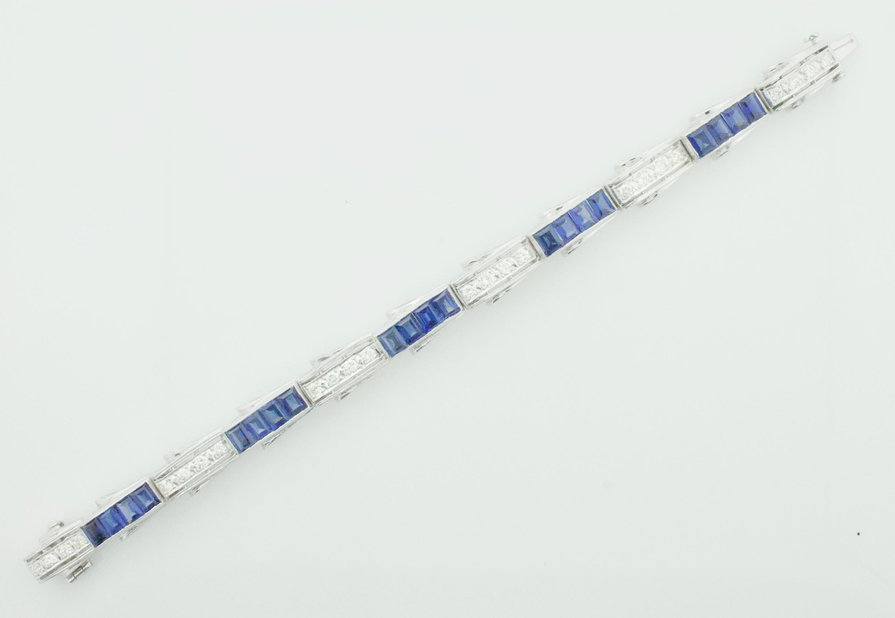 1940's Synthetic Sapphire and Diamond Bracelet  7.00 Carats-Sapphire 1.10 TDW.
Constructed In The Style of a Famous Oscar Heyman Design,  
This Bracelets Synthetic Sapphires even Fooled a Master Gemologist as Being Natural.  They are Synthetic As
