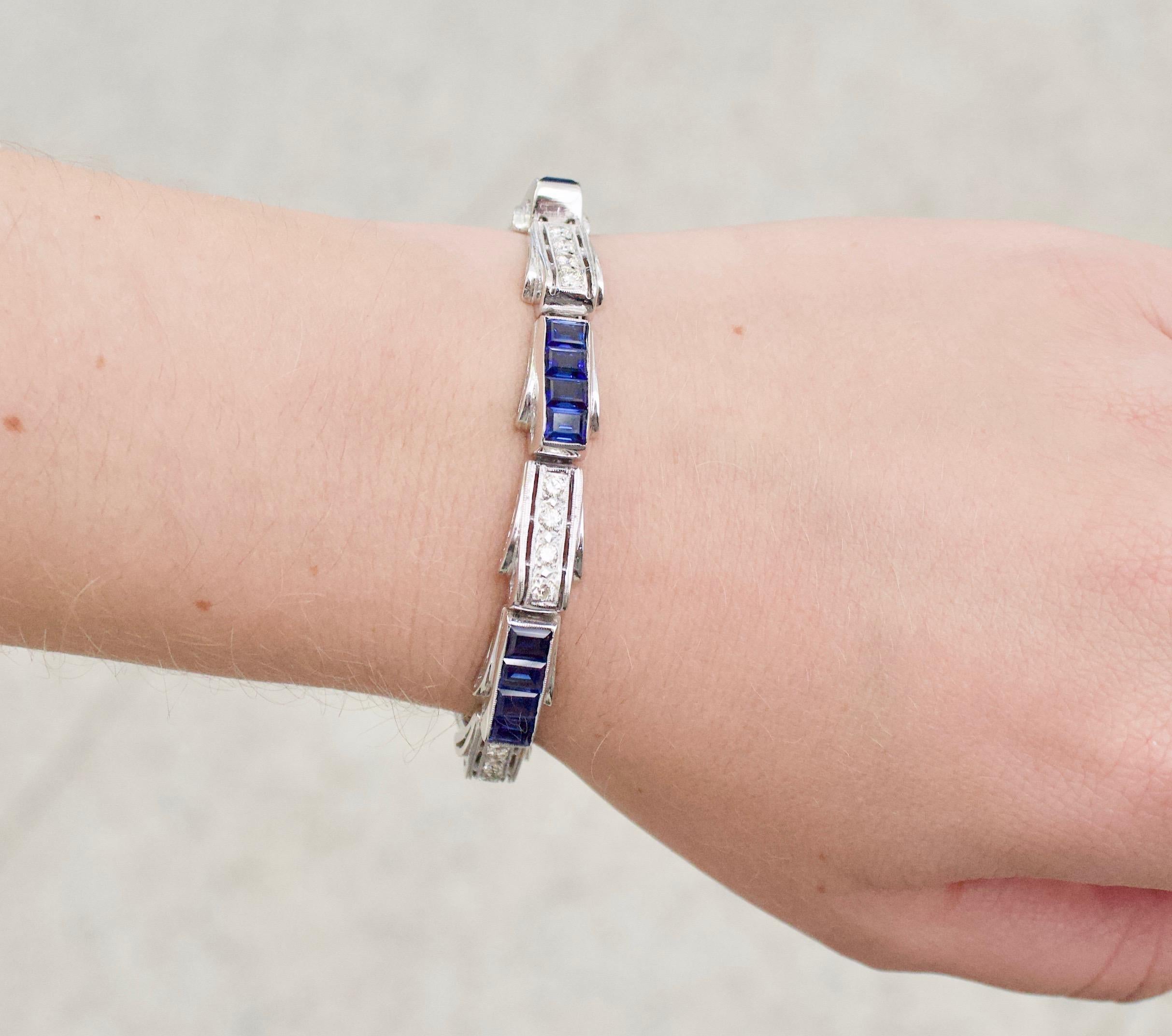 1940's Synthetic Sapphire and Diamond Bracelet 7.00 Carats-Sapphire 1.10 TDW For Sale 1