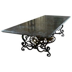 Vintage 1940s Table in Marble and Wrought Iron with Sun Pattern by Gilbert Poillerat