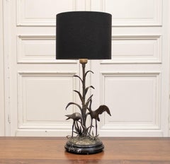 1940s Table Lamp With Crane Bird Scene In Brass On A Black Marble Base By Agudo