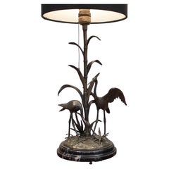 1940s Table Lamp With Crane Bird Scene In Brass On A Black Marble Base By Agudo
