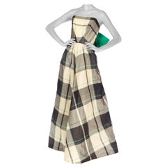 1940S Black & White Silk Organza Strapless Plaid Gown With A Giant Green Taffet