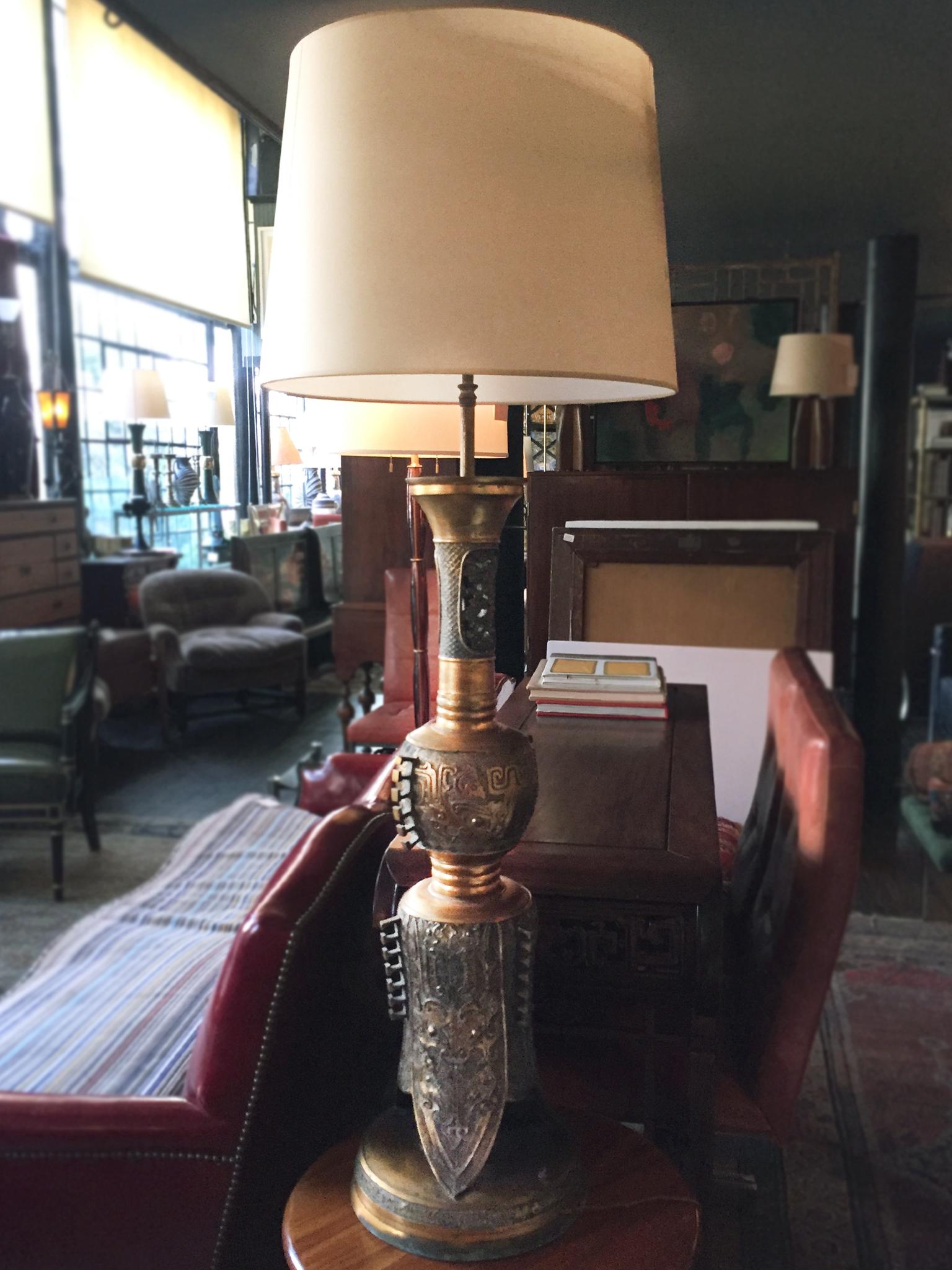 Hollywood Regency 1940s Tall Brass Table Lamp in the Style of James Mont