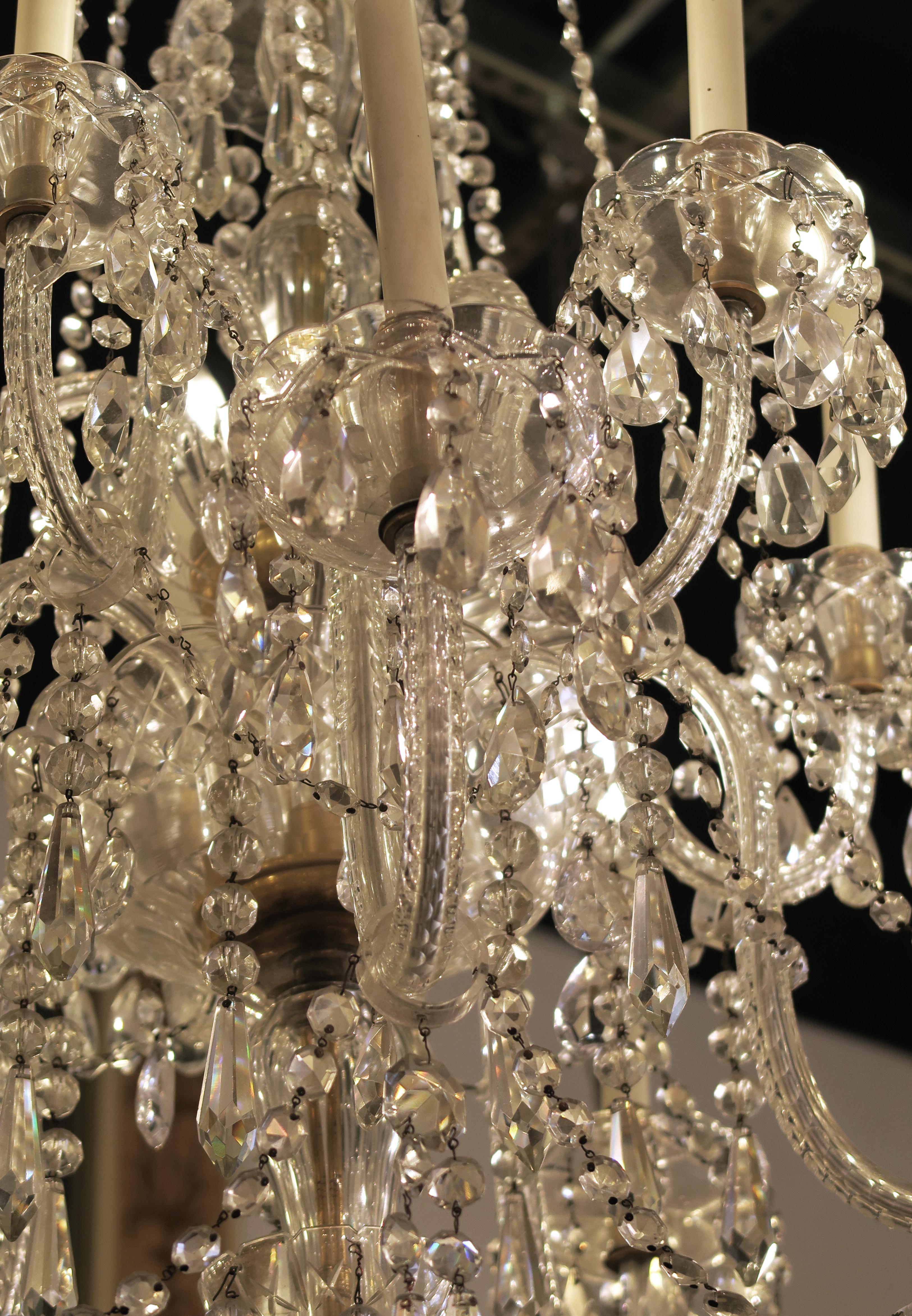 1940s Tall Eight Arm Crystal Chandelier with Brass Details 5