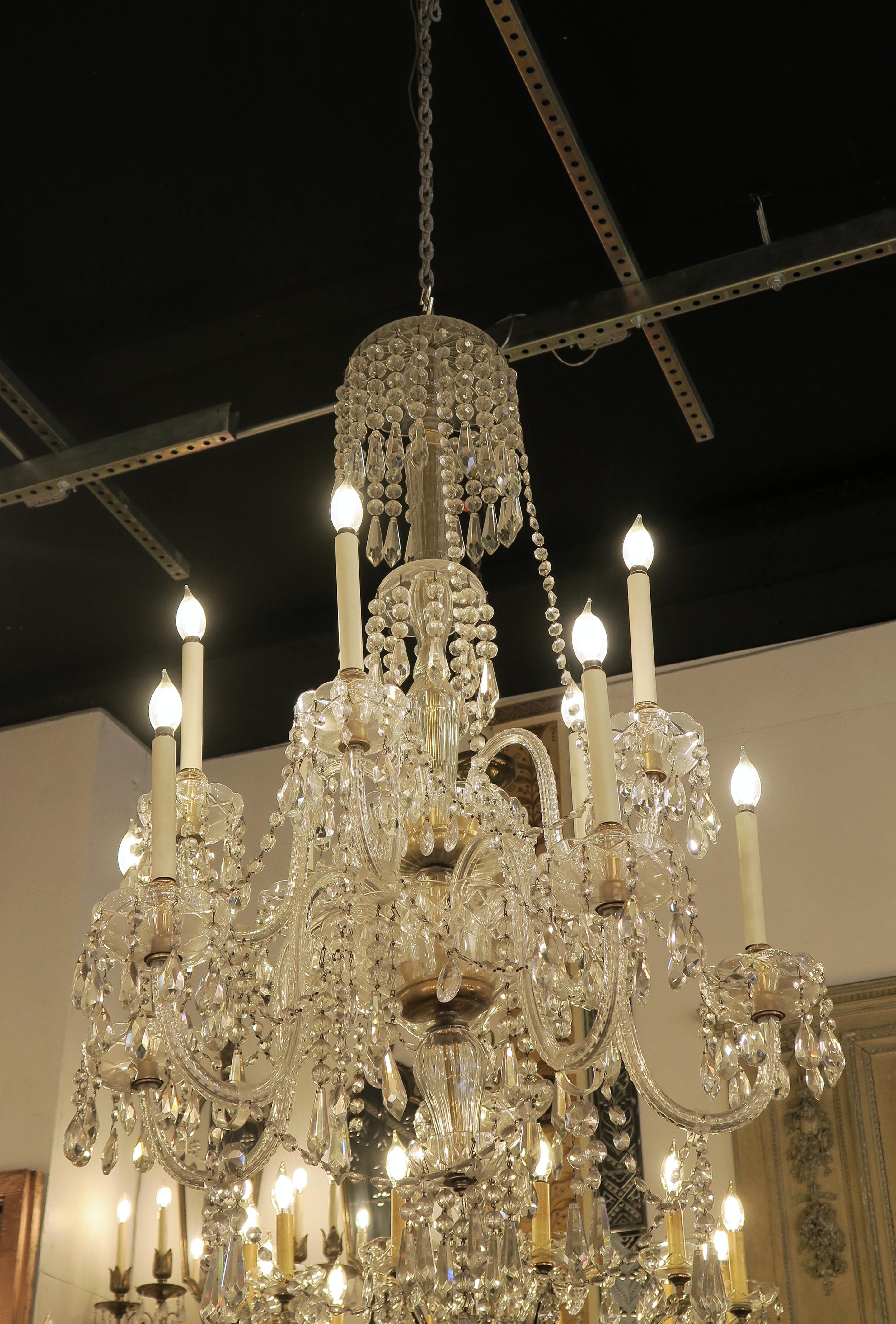 1940s Tall Eight Arm Crystal Chandelier with Brass Details 6