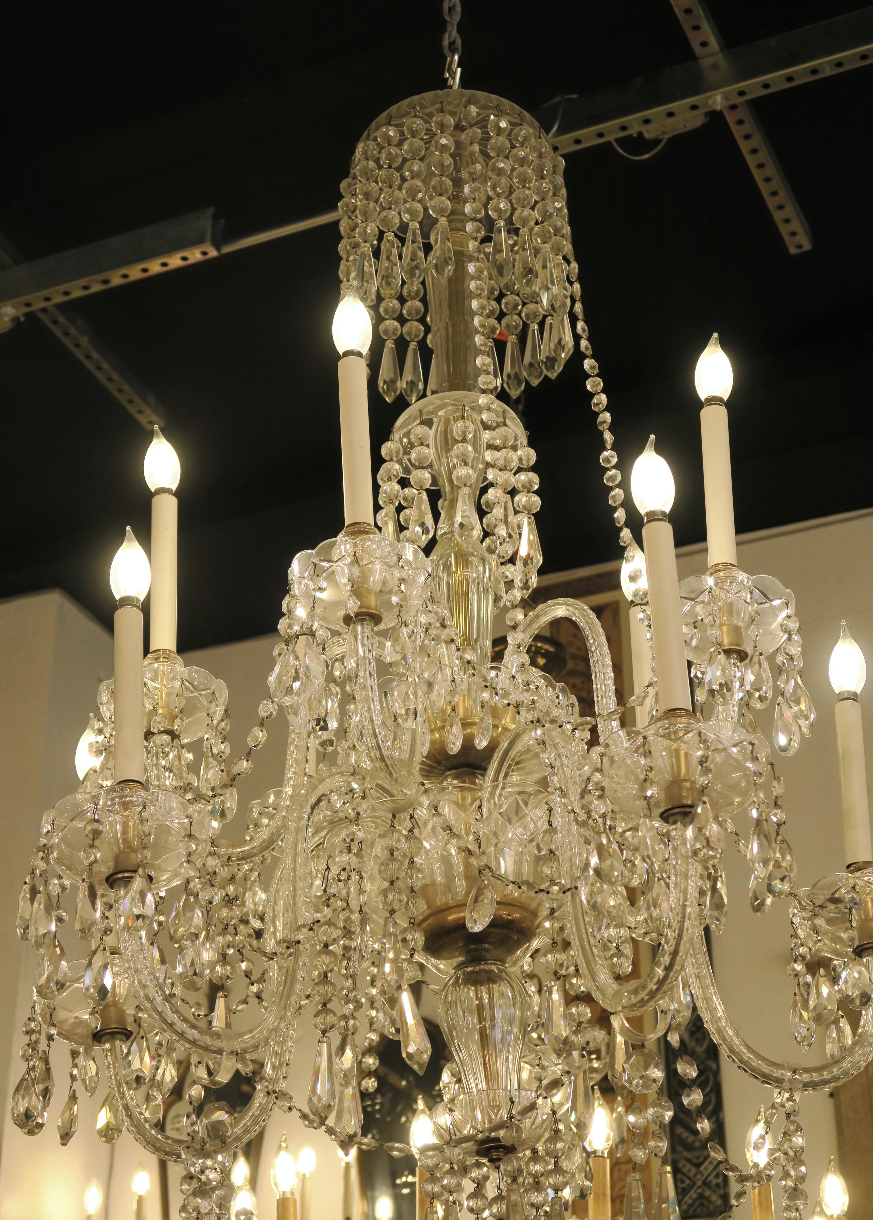 1940s Tall Eight Arm Crystal Chandelier with Brass Details 7