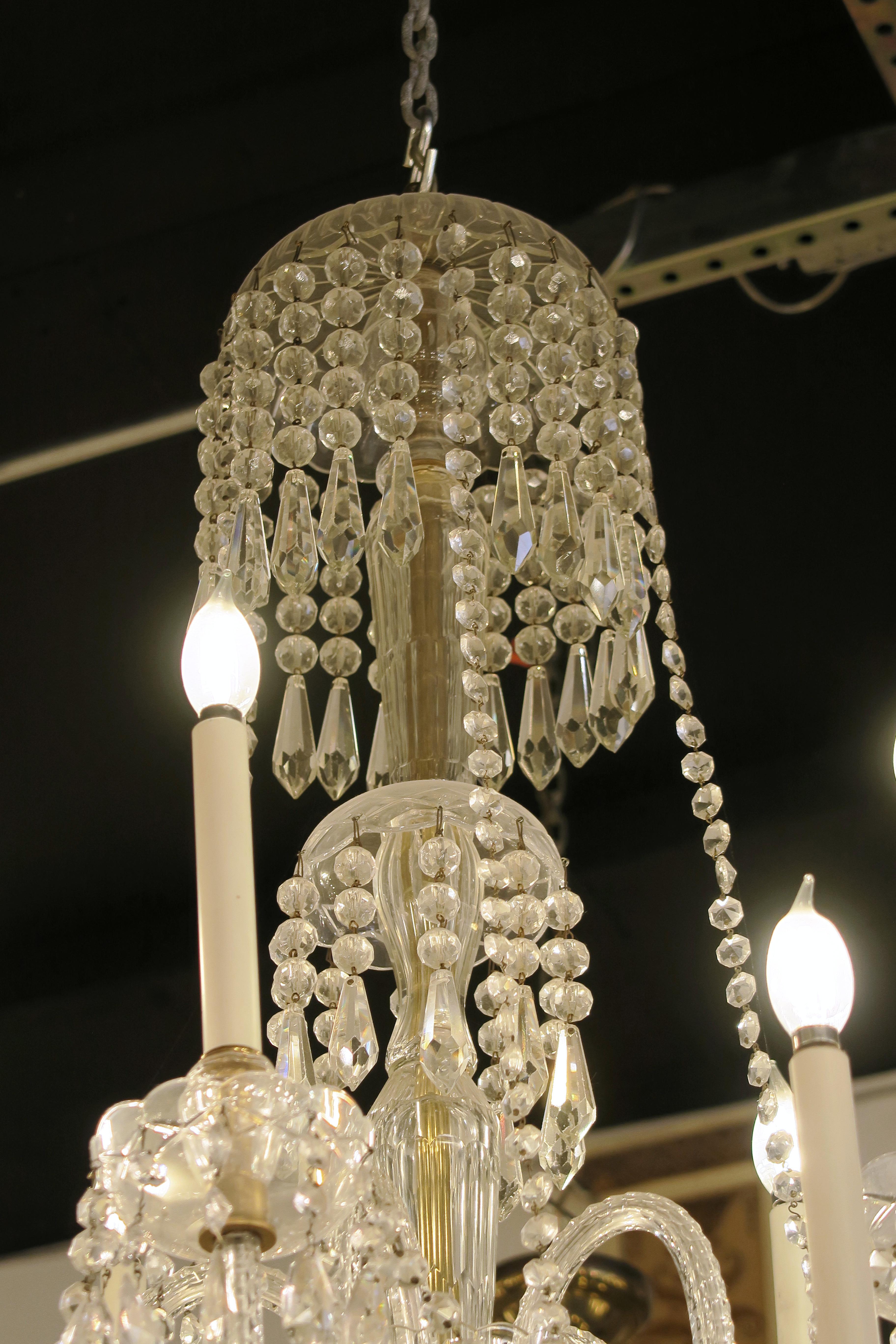 1940s Tall Eight Arm Crystal Chandelier with Brass Details In Good Condition In New York, NY