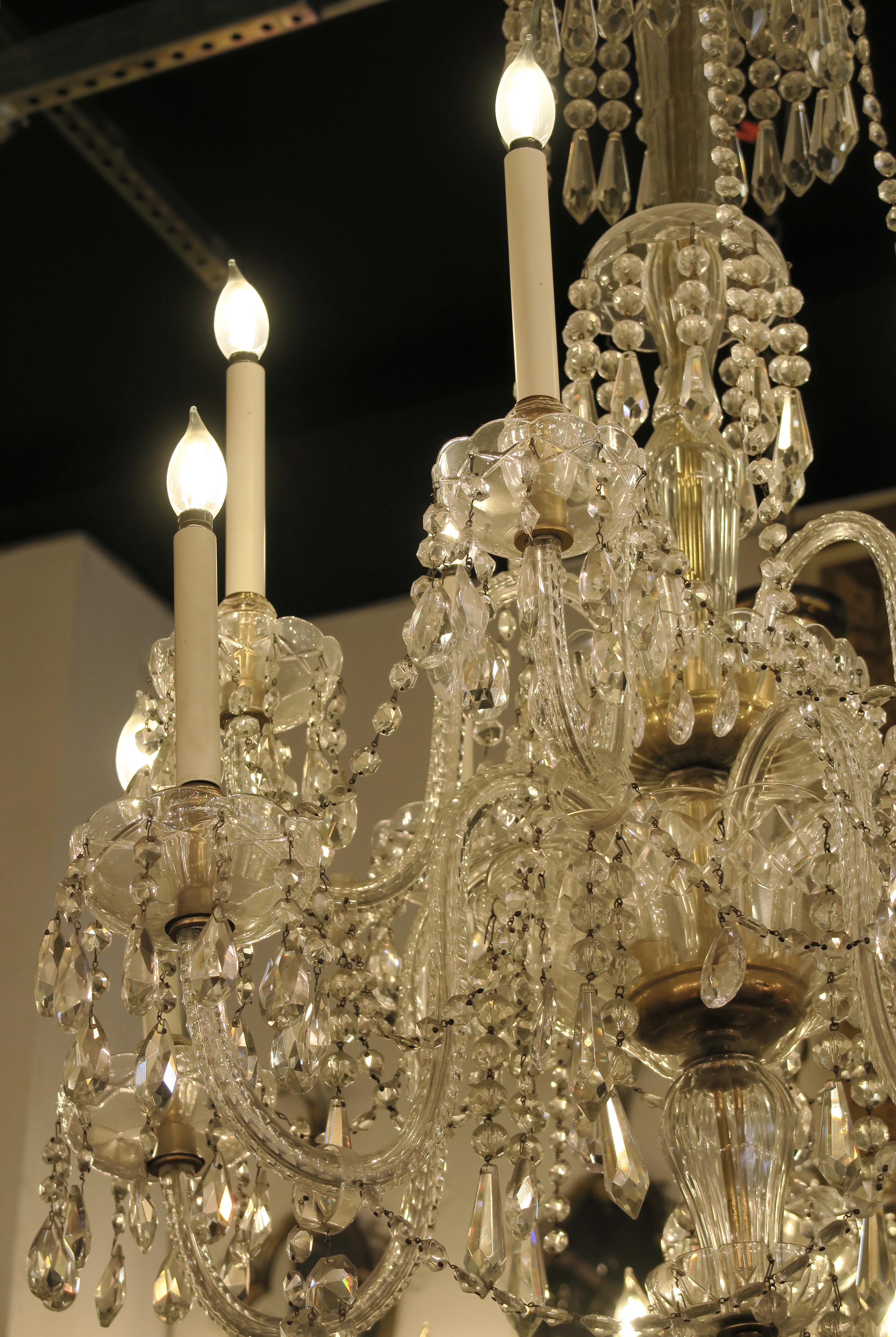 Mid-20th Century 1940s Tall Eight Arm Crystal Chandelier with Brass Details