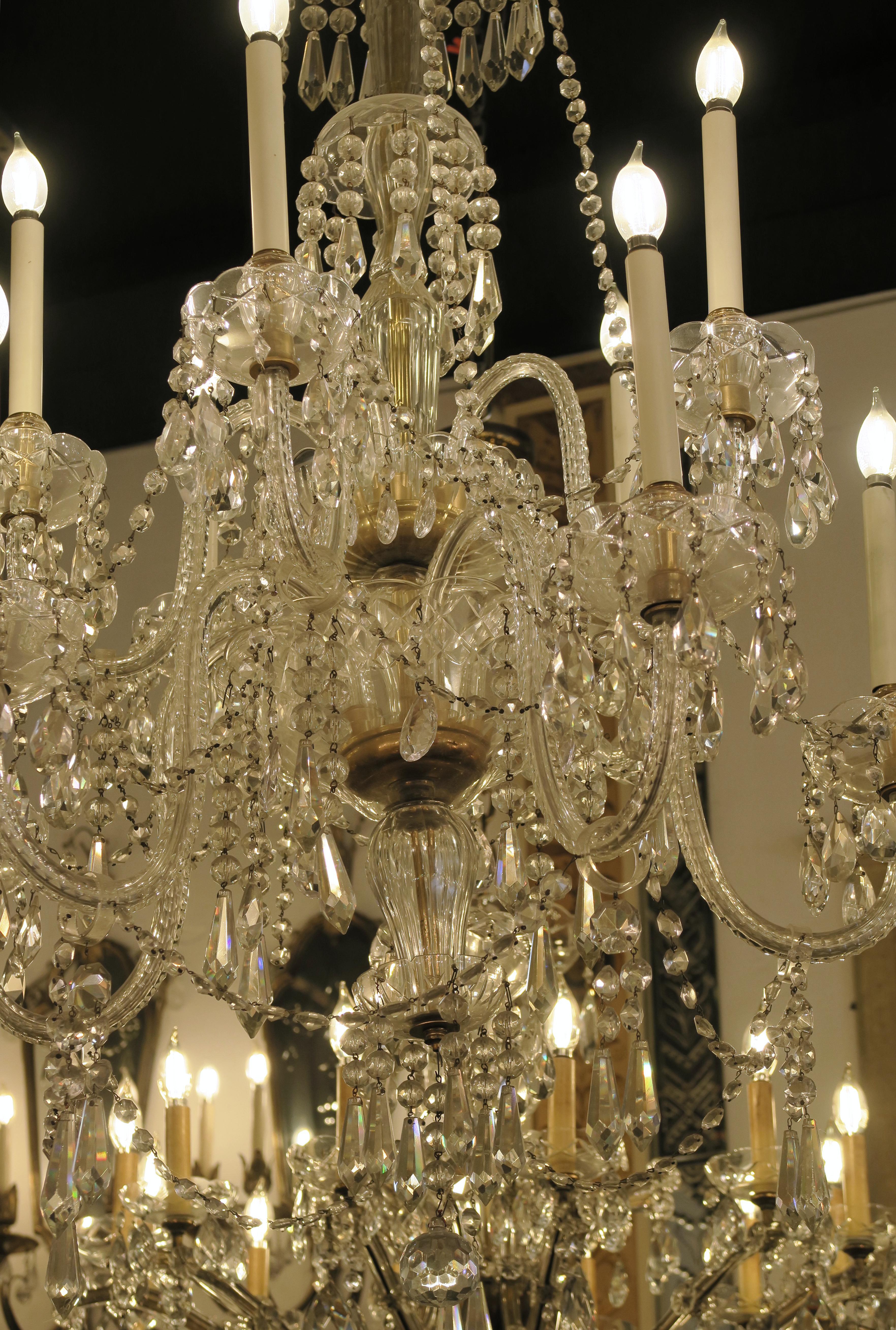 1940s Tall Eight Arm Crystal Chandelier with Brass Details 1