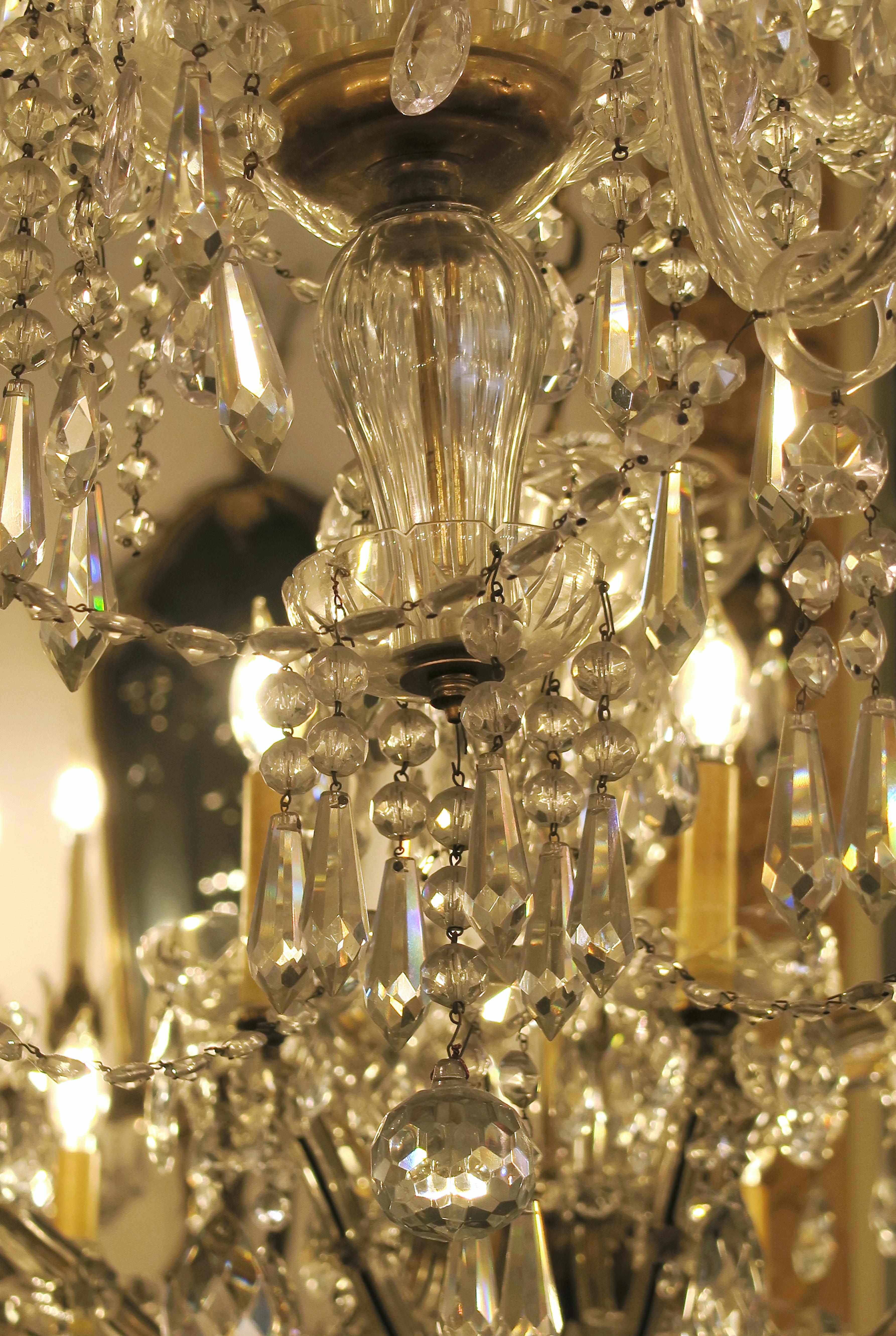 1940s Tall Eight Arm Crystal Chandelier with Brass Details 2