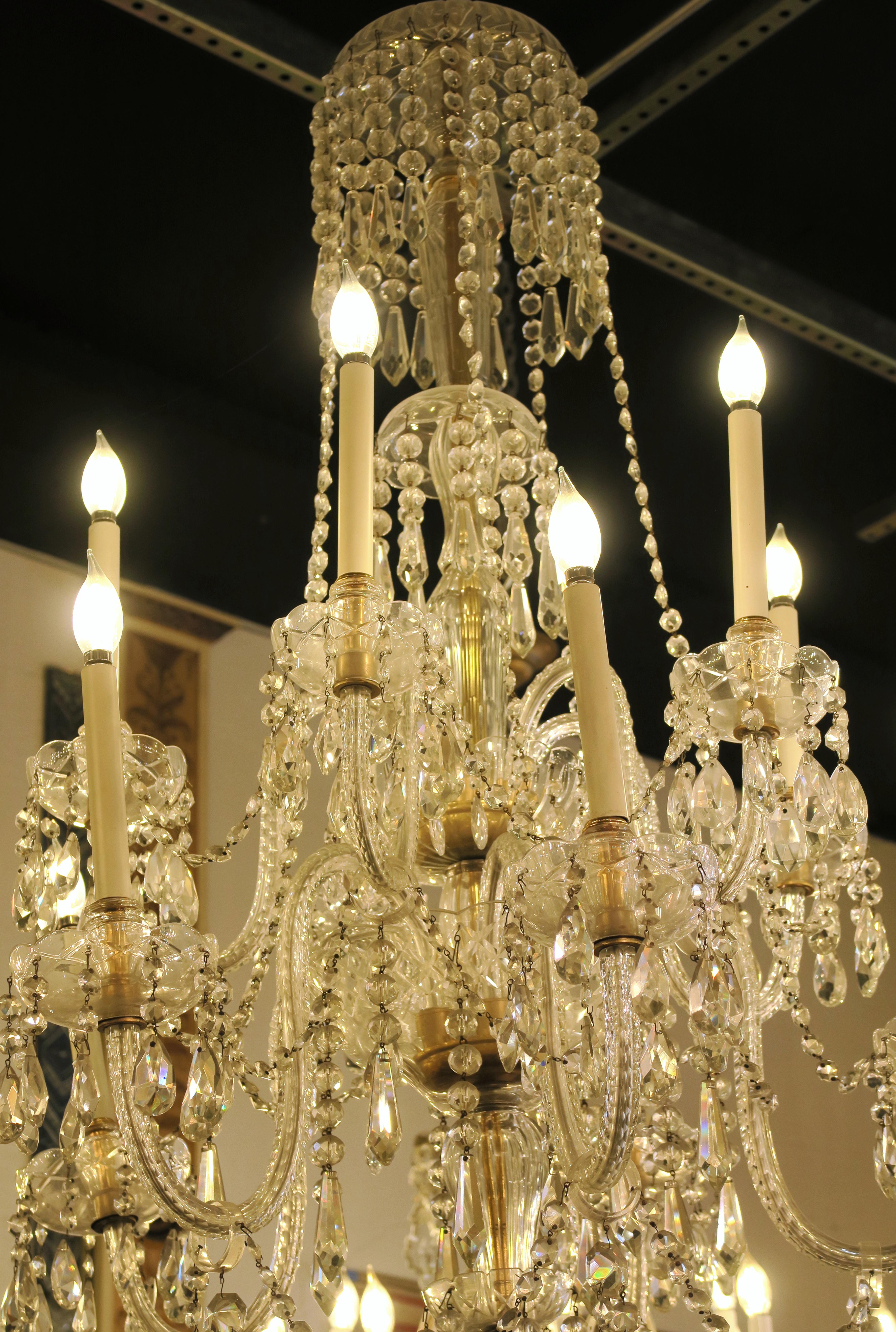 1940s Tall Eight Arm Crystal Chandelier with Brass Details 3