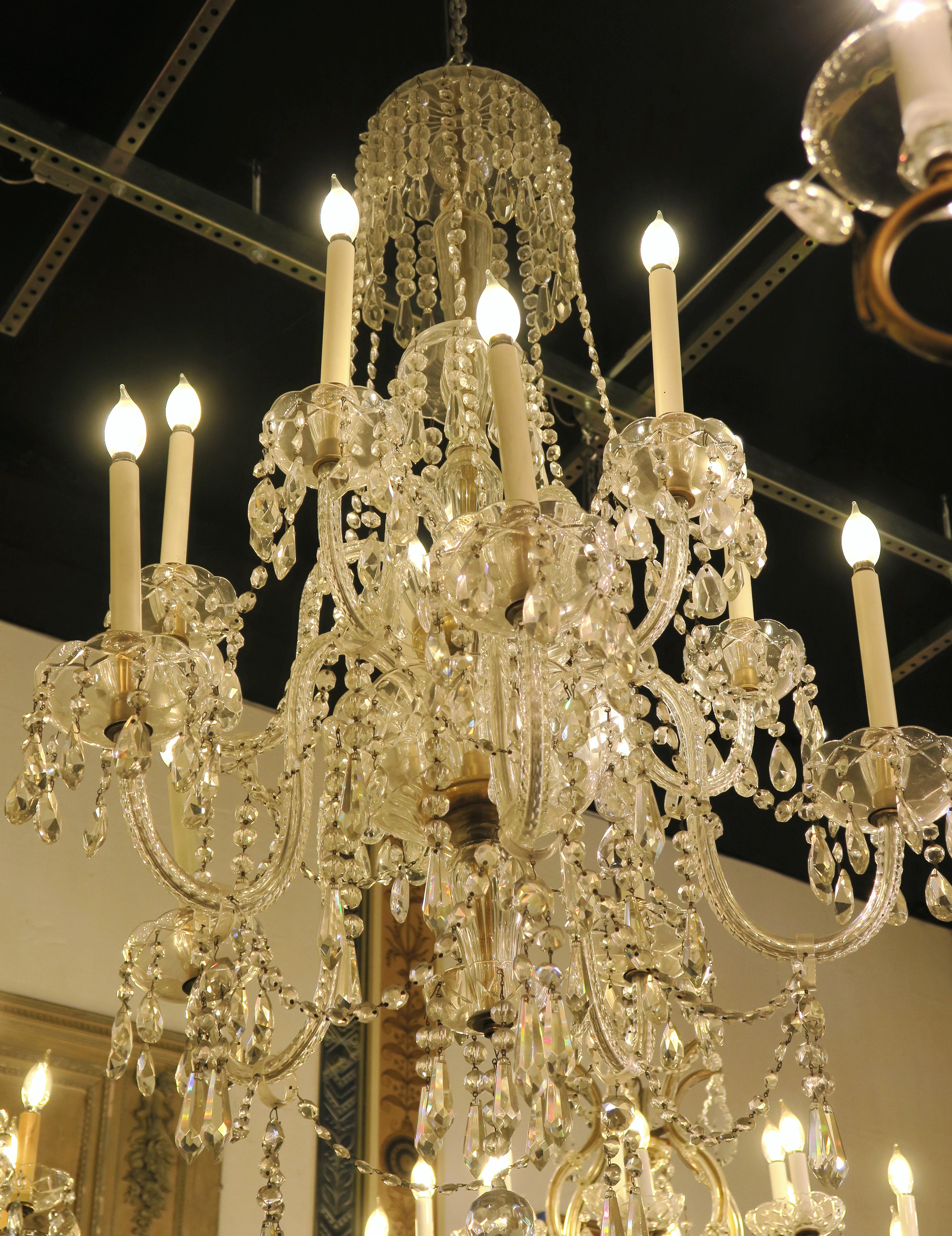 1940s Tall Eight Arm Crystal Chandelier with Brass Details 4