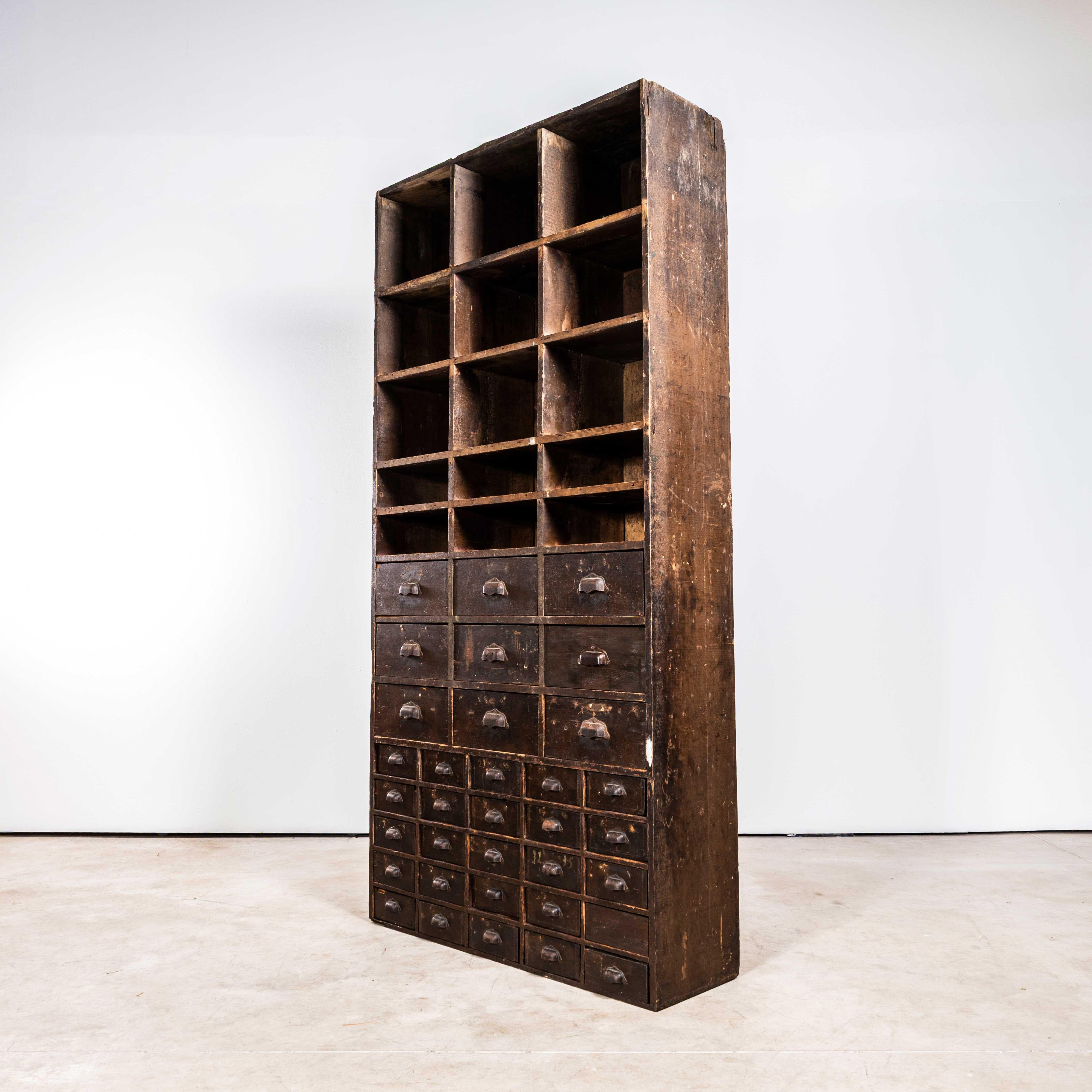 Pine 1940's Tall French Workshop Shelving Unit - Thirty Four Drawers For Sale