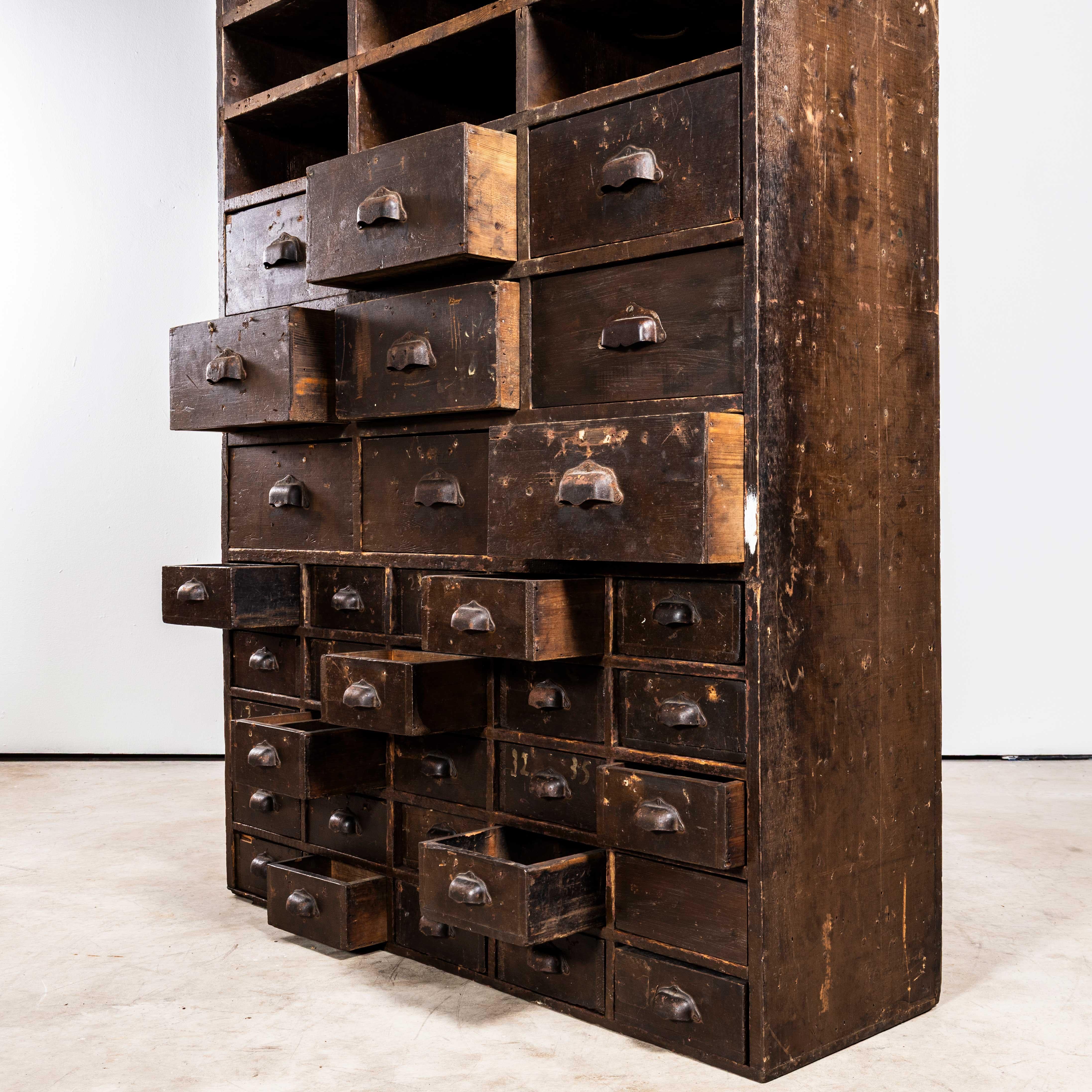 1940's Tall French Workshop Shelving Unit - Thirty Four Drawers For Sale 1