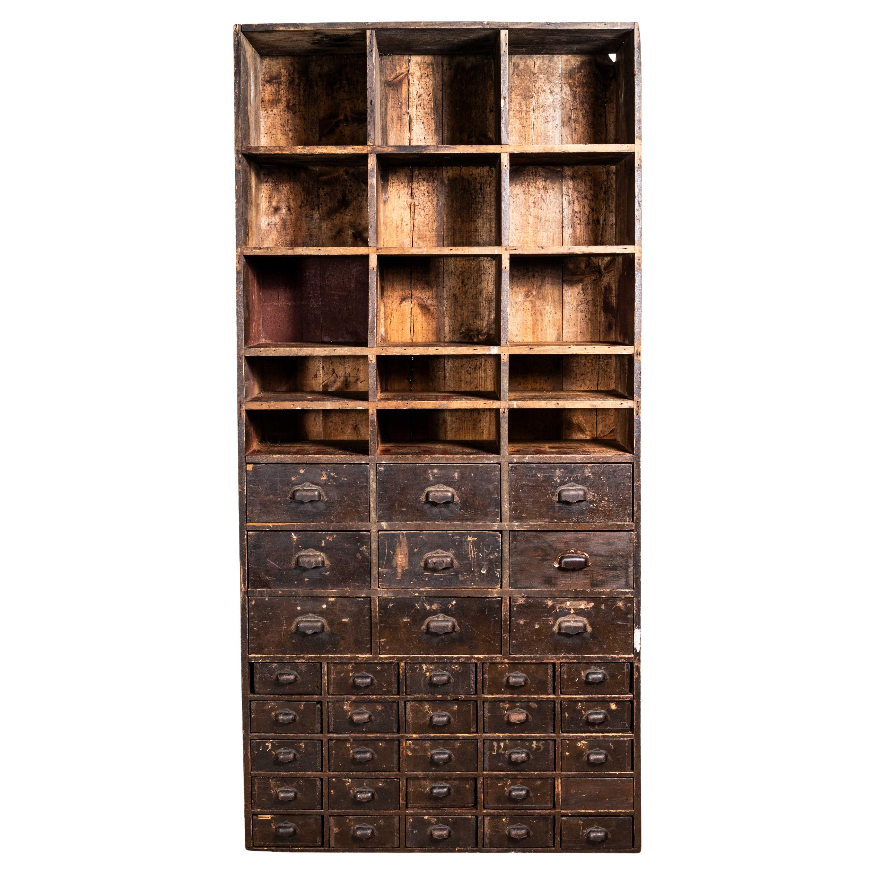 1940's Tall French Workshop Shelving Unit - Thirty Four Drawers For Sale