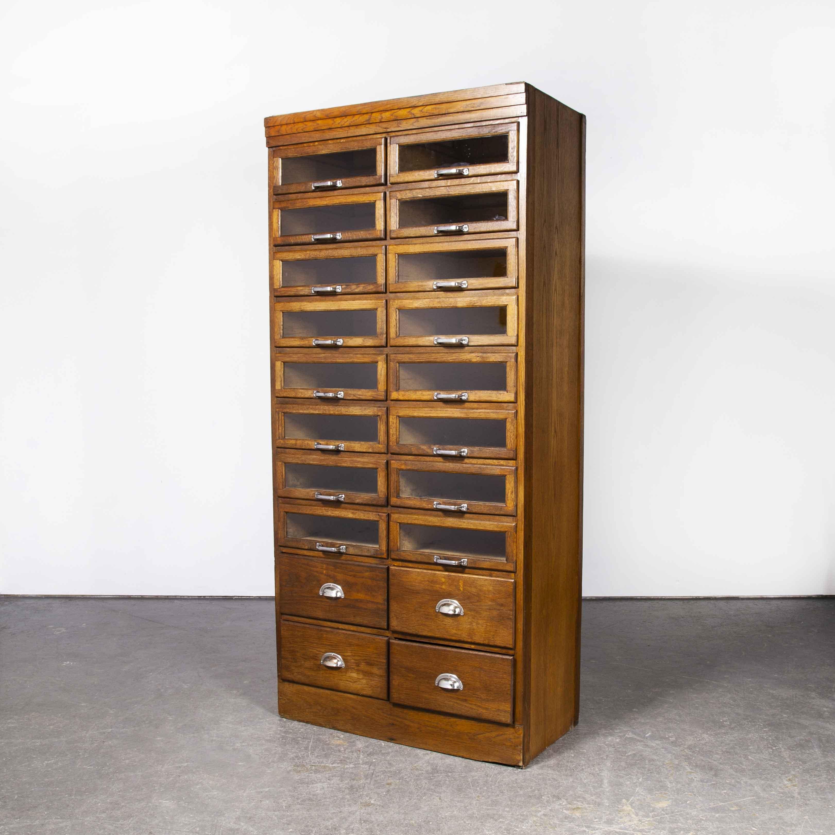 British 1940's Tall Glass Fronted Habersdashery Cabinet, Twenty Drawers