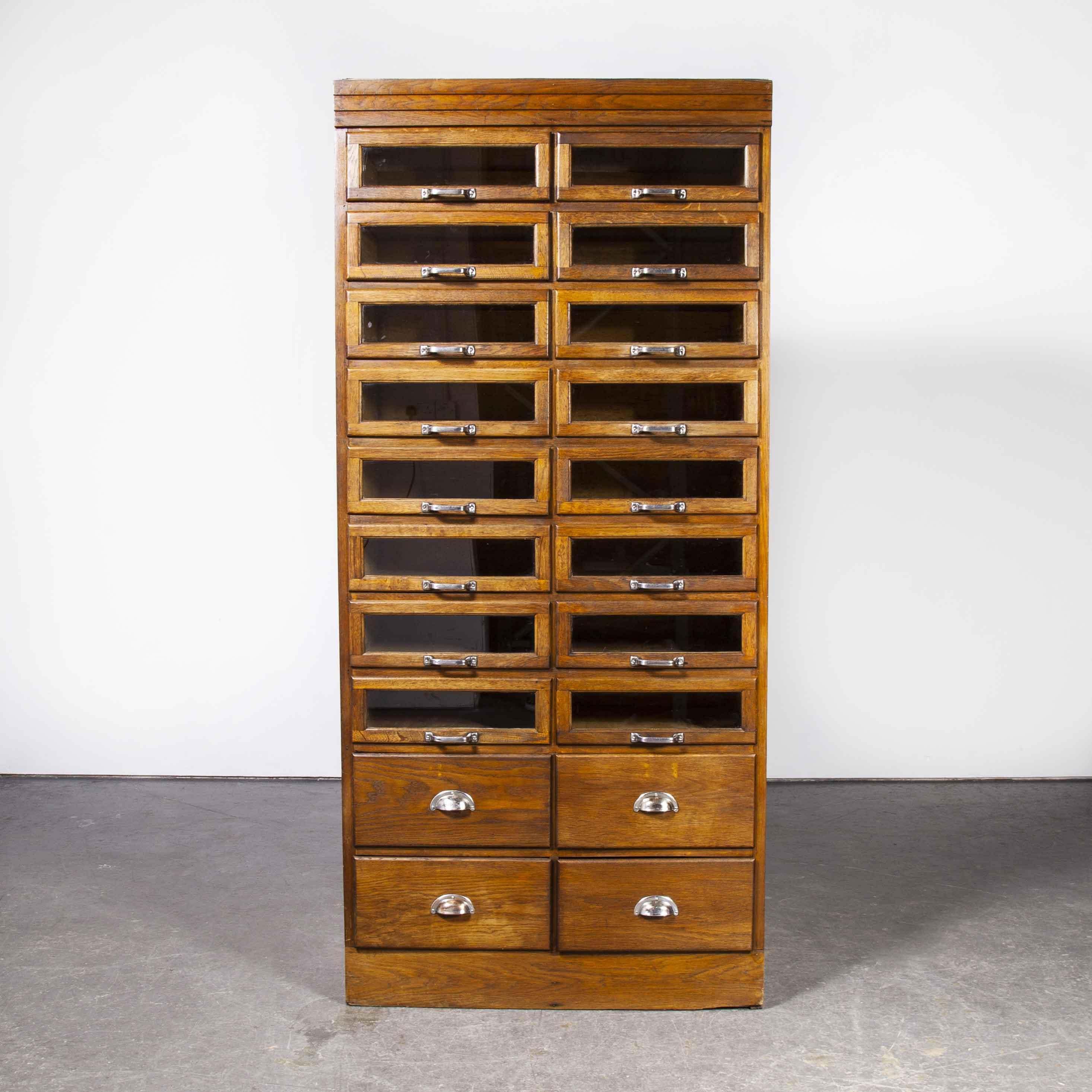 1940's Tall Glass Fronted Habersdashery Cabinet, Twenty Drawers In Good Condition In Hook, Hampshire