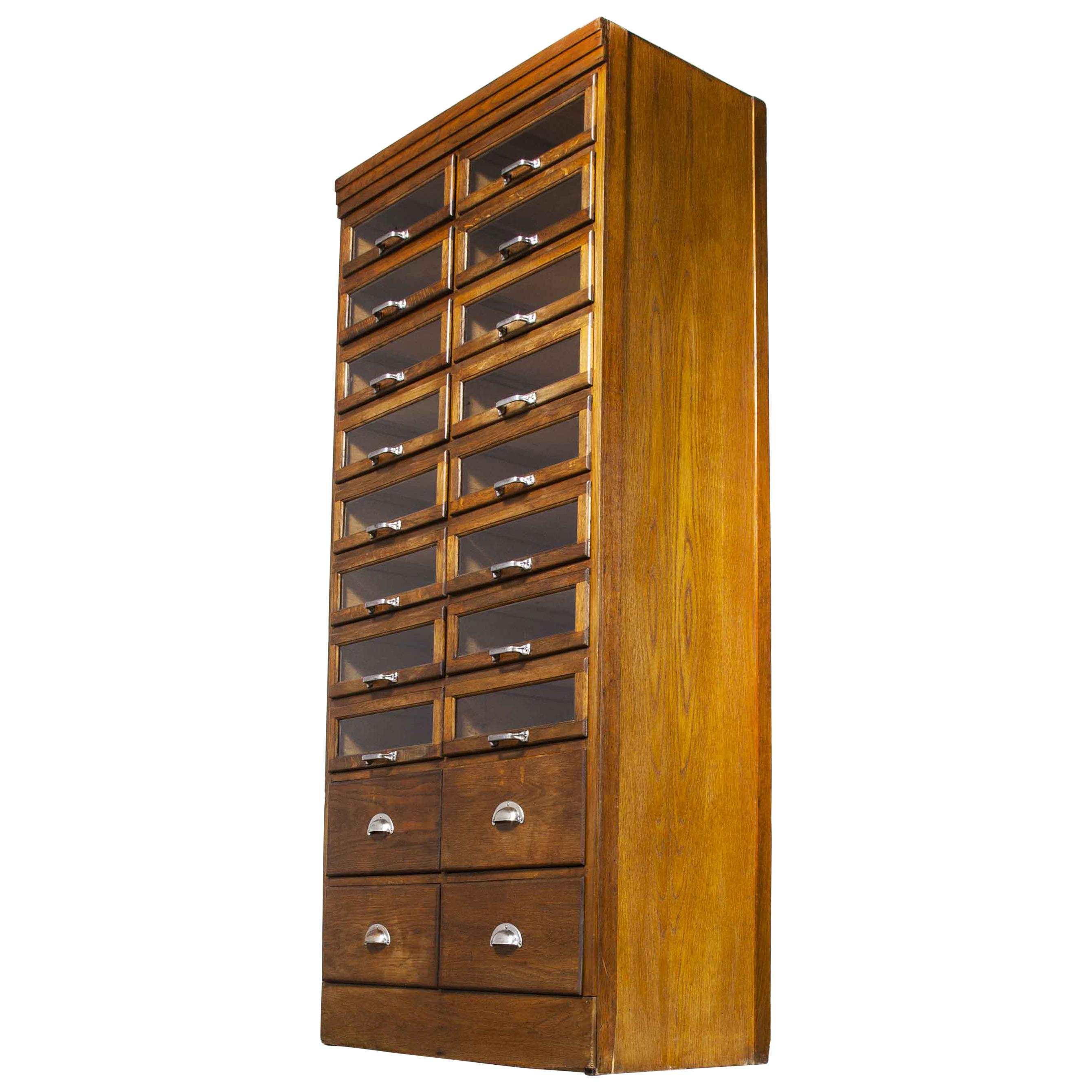 1940's Tall Glass Fronted Habersdashery Cabinet, Twenty Drawers