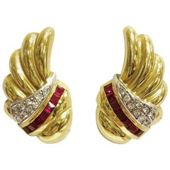 1940s Tank Vintage Platinum, Yellow Gold, Diamond, Ruby Omega Clip-On Earrings