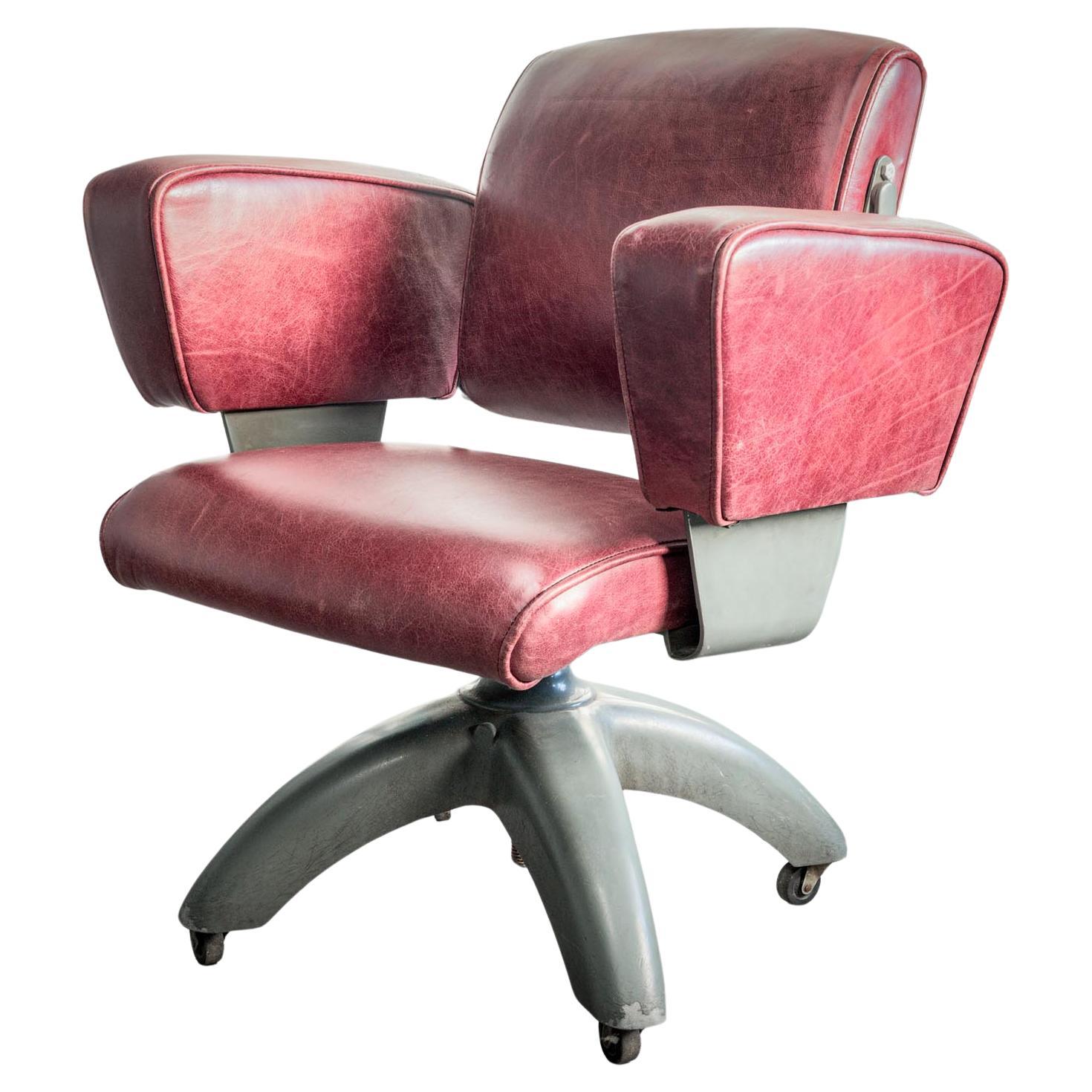 1940s Tansad “De Luxe V.26” Swivel Office Chair – Red Leather & Enamel Grey.