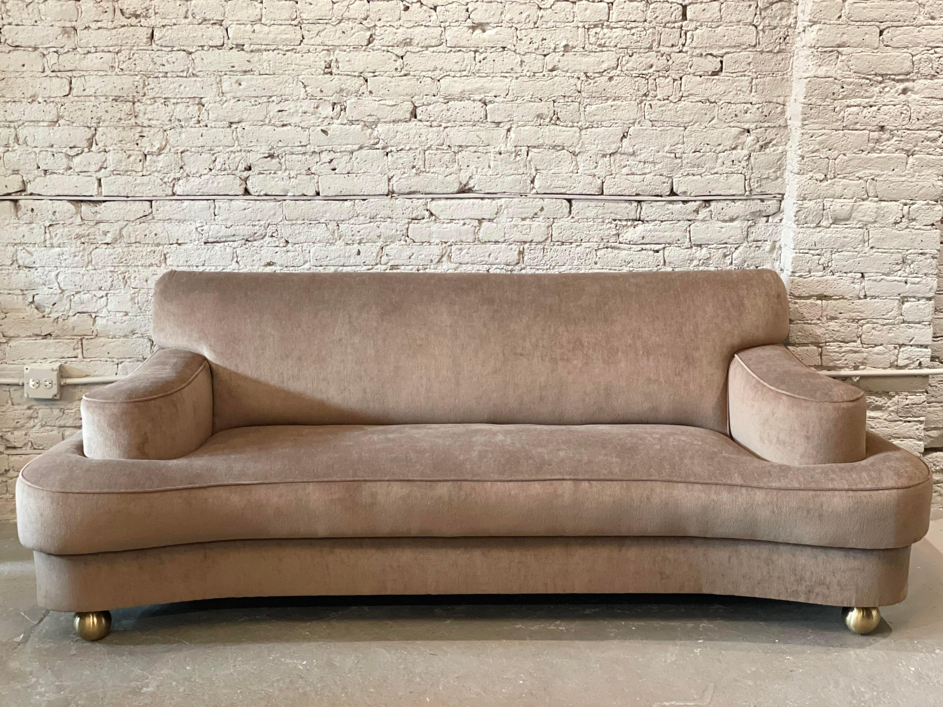 1940s Taupe Velvet Sofa with Brass Feet In Good Condition In Chicago, IL
