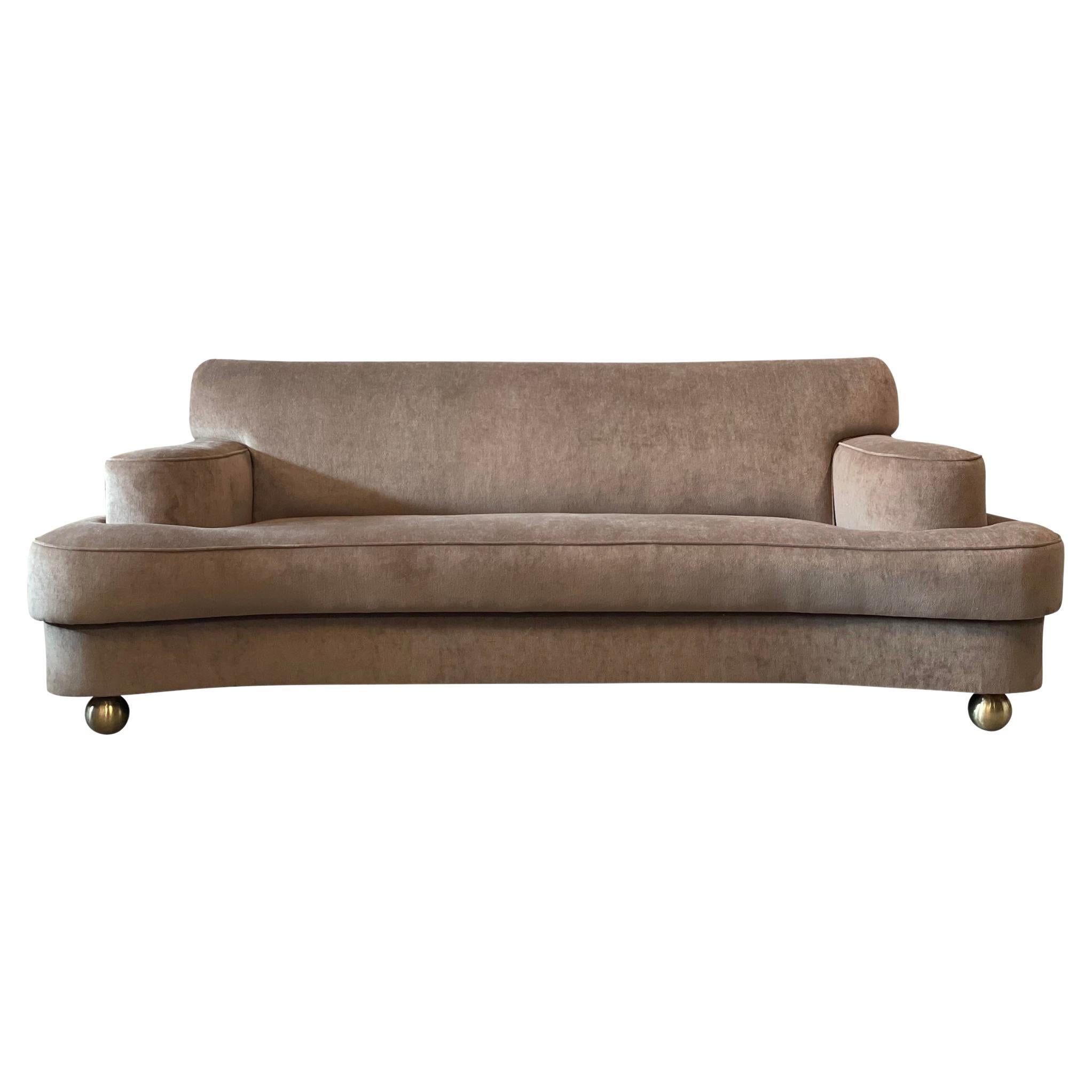 1940s Taupe Velvet Sofa with Brass Feet