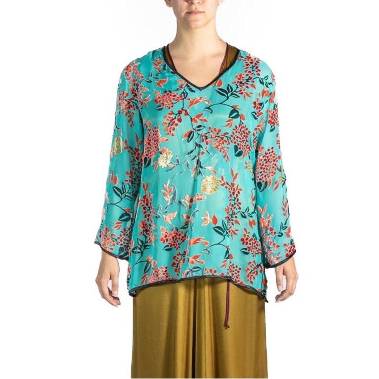 Gray 1940S Teal Rayon & Silk Burnout Velvet  Top For Sale