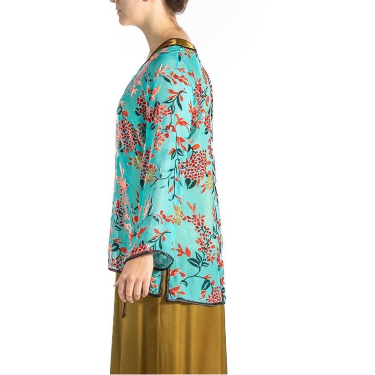 1940S Teal Rayon & Silk Burnout Velvet  Top In Good Condition For Sale In New York, NY