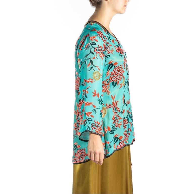 Women's 1940S Teal Rayon & Silk Burnout Velvet  Top For Sale