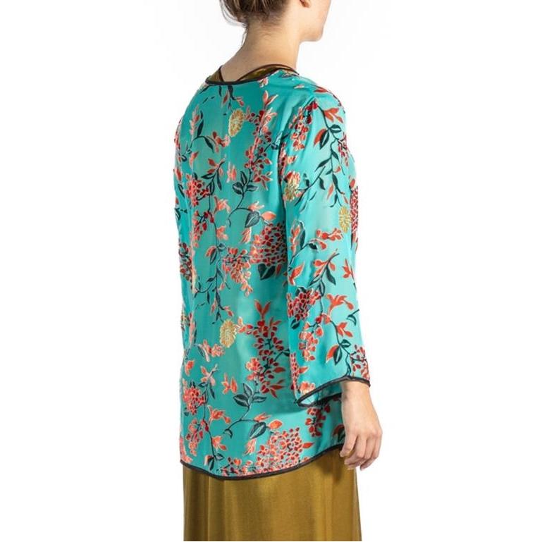 1940S Teal Rayon & Silk Burnout Velvet  Top For Sale 1