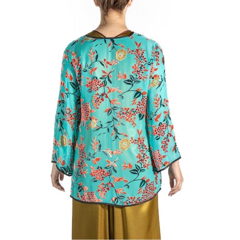 1940S Teal Rayon & Silk Burnout Velvet  Top For Sale 2
