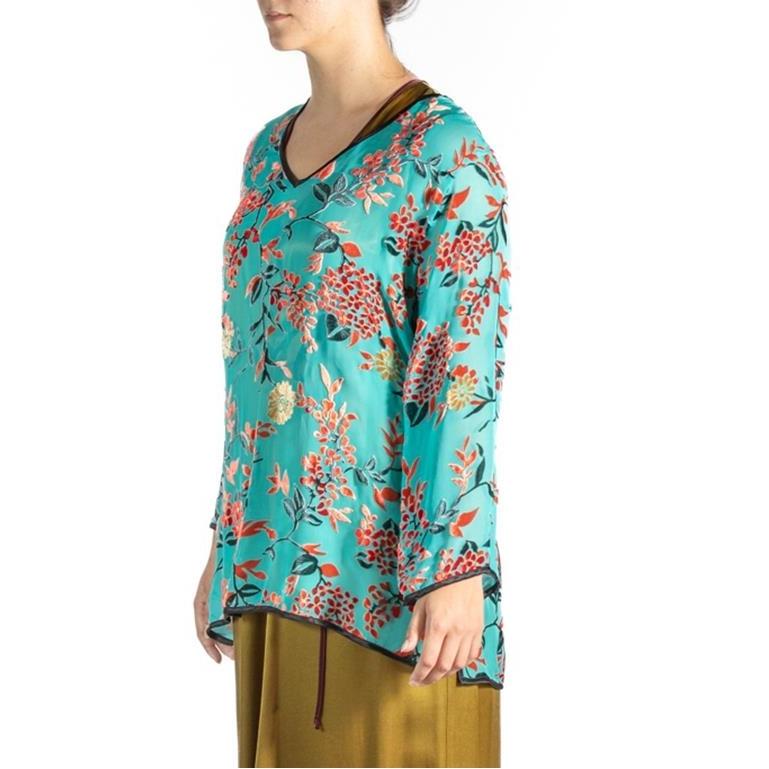 1940S Teal Rayon & Silk Burnout Velvet  Top For Sale 3