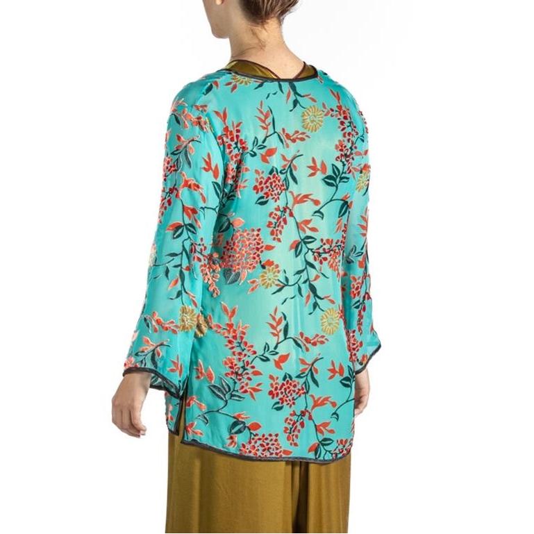 1940S Teal Rayon & Silk Burnout Velvet  Top For Sale 4
